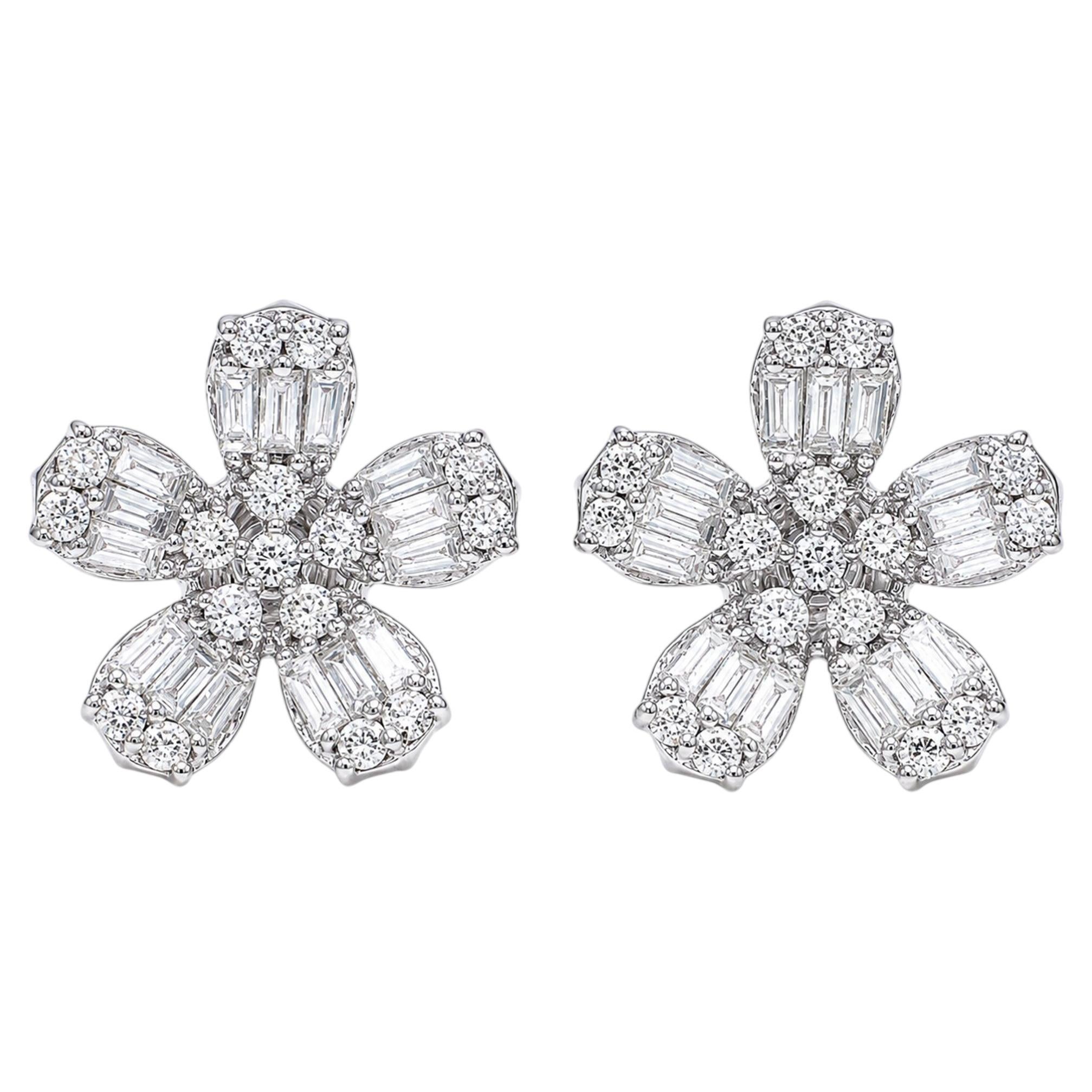 Natural 1.75 Carat SI/H Diamond Floral Stud Earrings 10 Karat White Gold