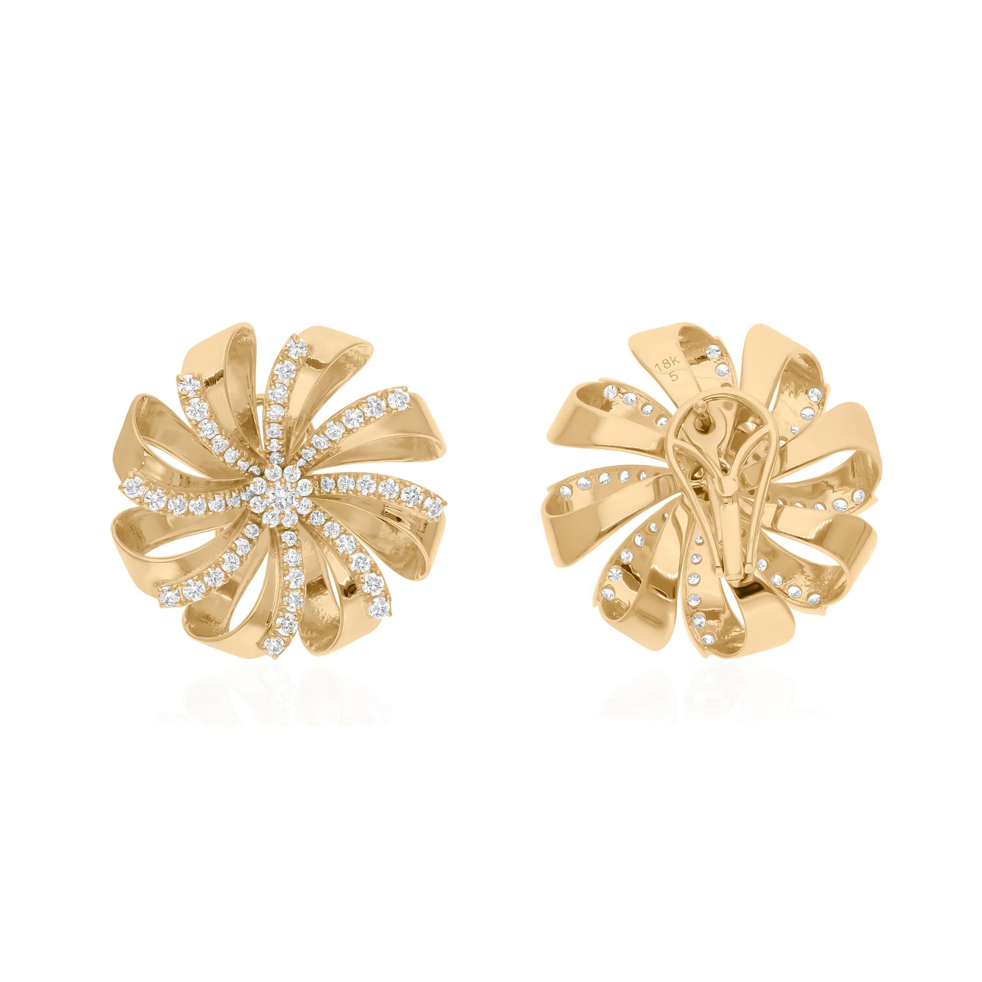 Modern Natural 1.75 Carat SI/H Round Diamond Flower Earrings 14k Yellow Gold Jewelry For Sale