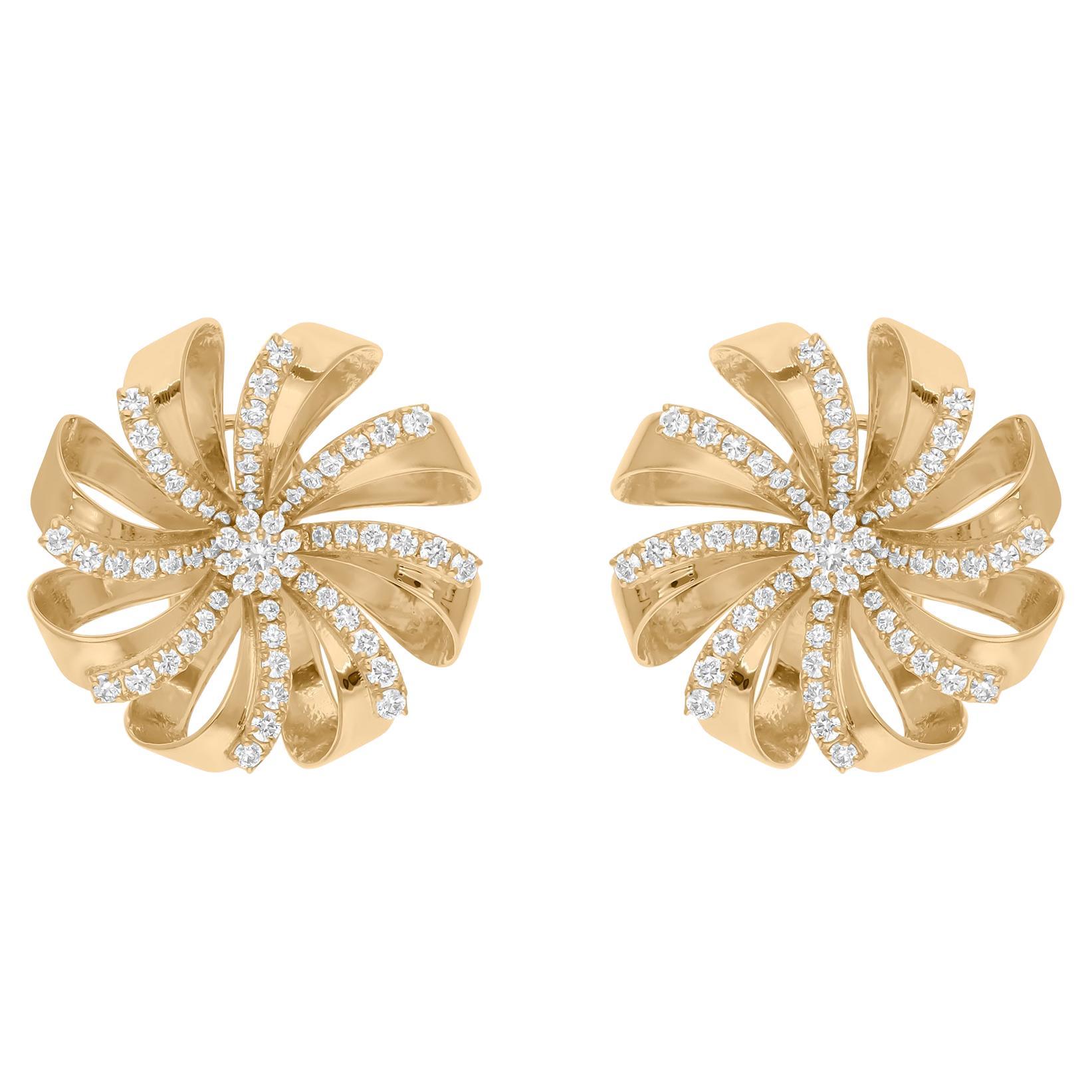 Boucles d'oreilles fleur en or jaune 18 carats avec diamants ronds naturels de 1,75 carat SI/H