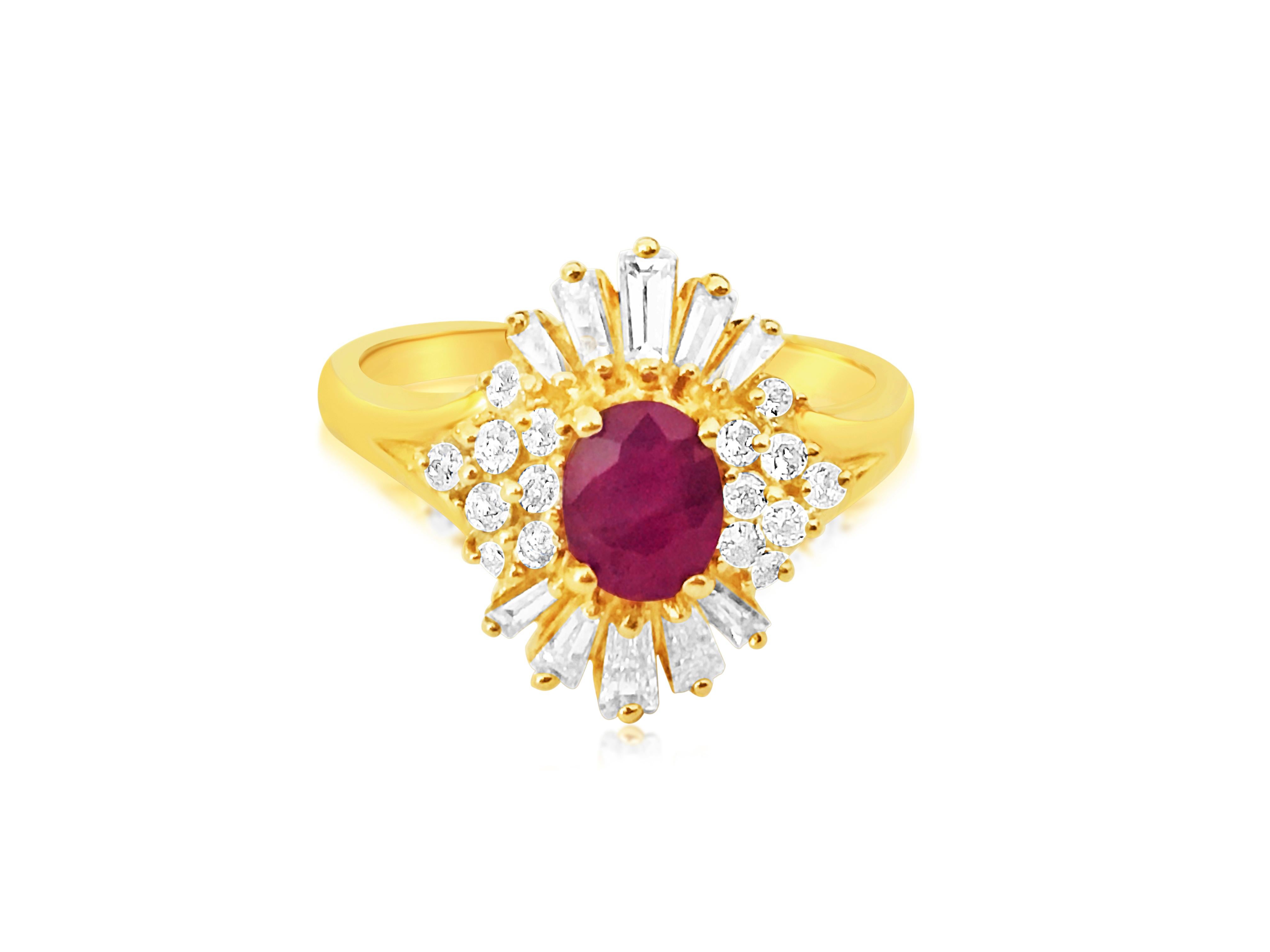 This is a pretty ring made of solid 14-karat yellow gold. It has a 1-carat oval-shaped ruby, securely set in prongs. The ruby is 100% natural and hasn't been treated with heat. The diamonds on the ring add up to 0.75 carats. They are of high quality