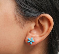 14K Gold Turquoise Marquise Earrings with Diamond Accent, 1.75ct