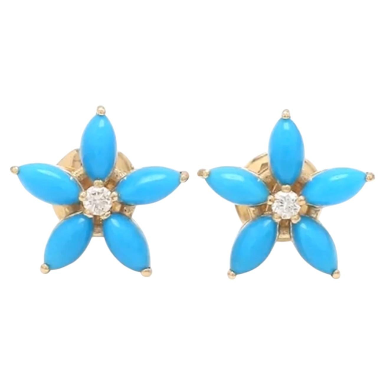 14K Gold Turquoise Marquise Earrings with Diamond Accent, 1.75ct