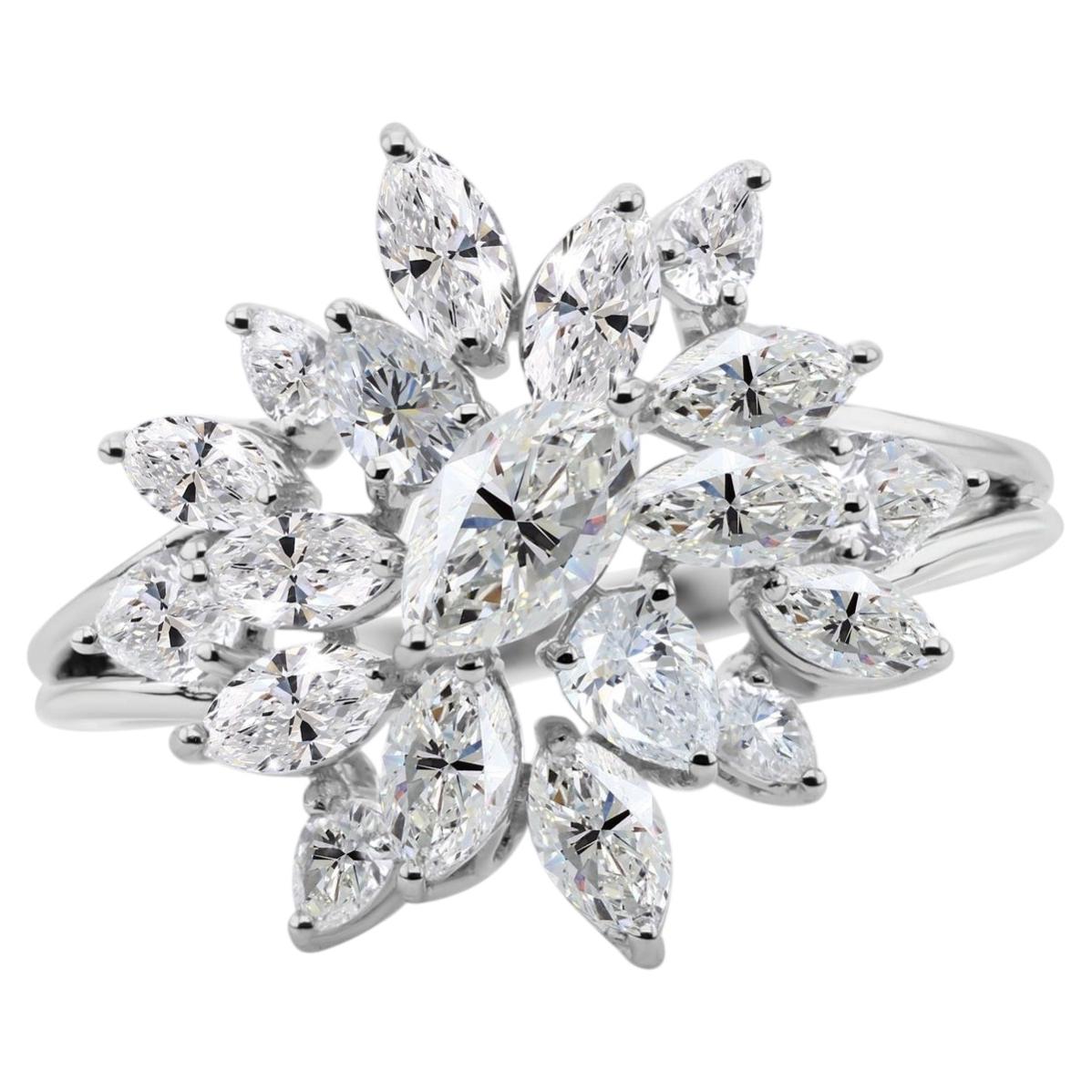 Natural 1.77 Carat SI/H Diamond Cluster Cocktail Ring 18 Karat White Gold