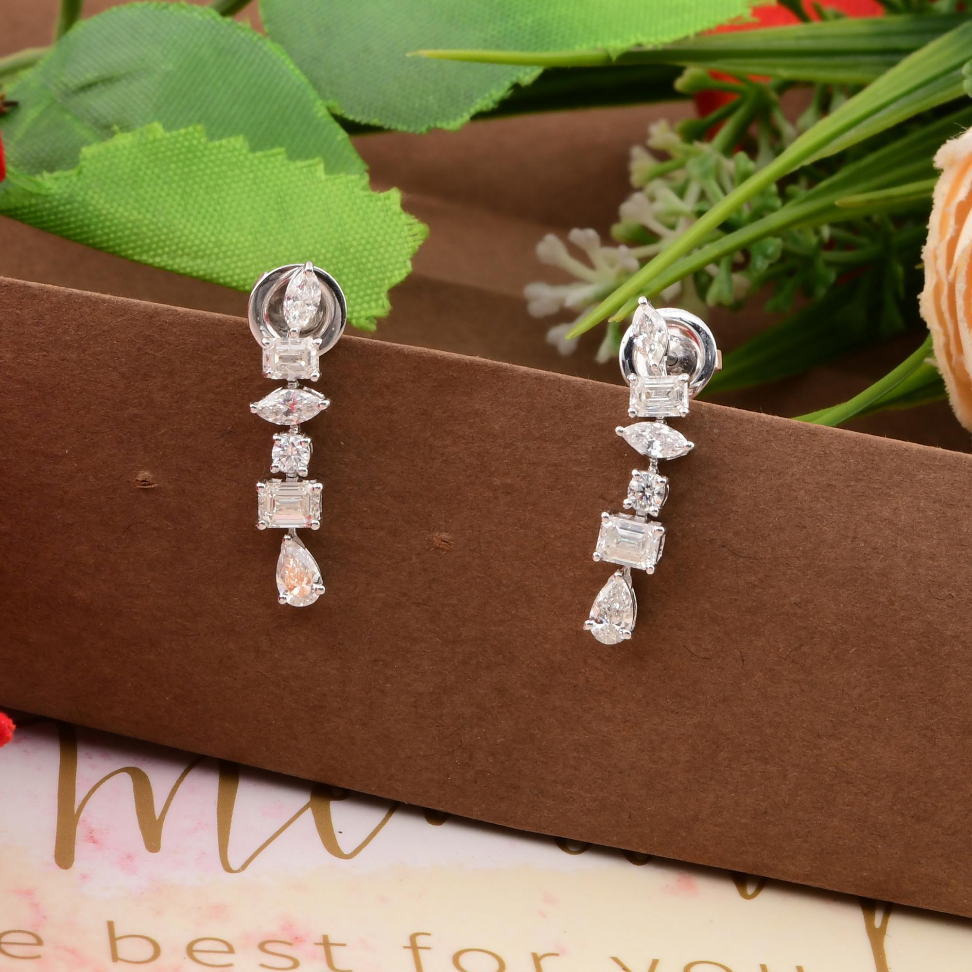 Emerald Cut Natural 1.77 Carat SI/H Multi Shape Diamond Earrings 18 Karat White Gold Jewelry For Sale