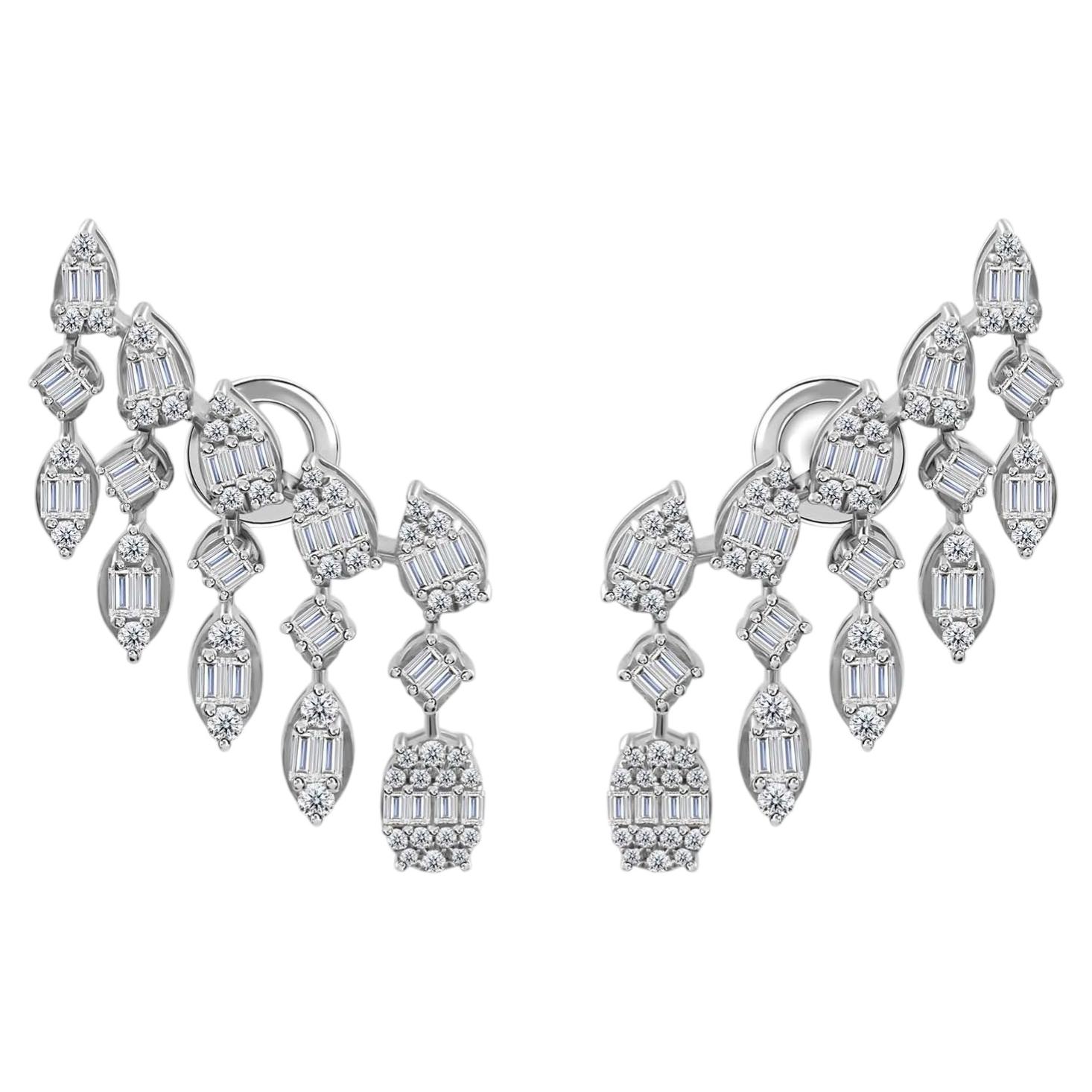 Natural 1.78 Carat Diamond Cascade Dangle Earrings 14K White Gold Fine Jewelry For Sale