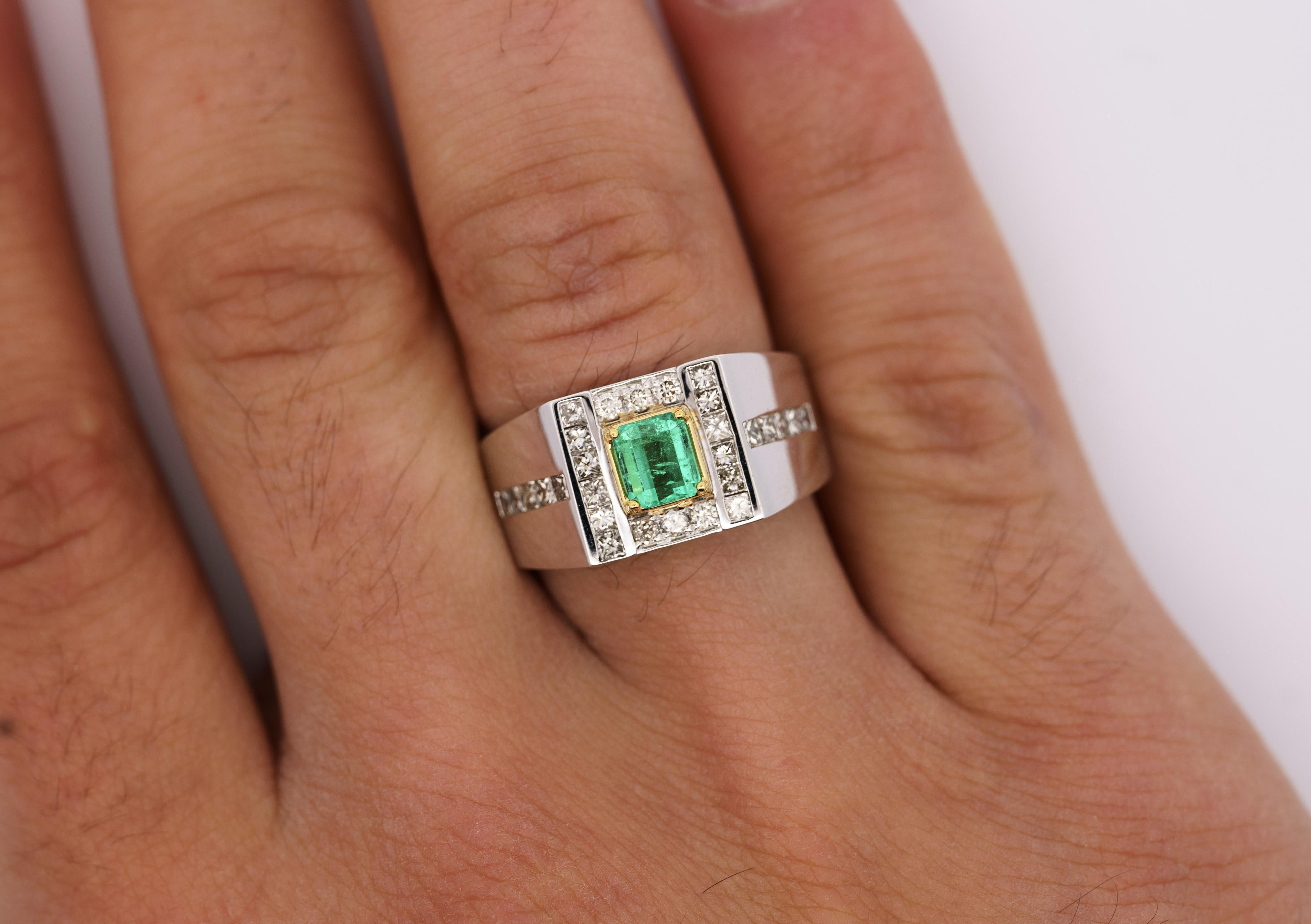 Emerald Cut Natural 1.78 Carat Emerald and Diamond 18K Gold Mens Ring For Sale