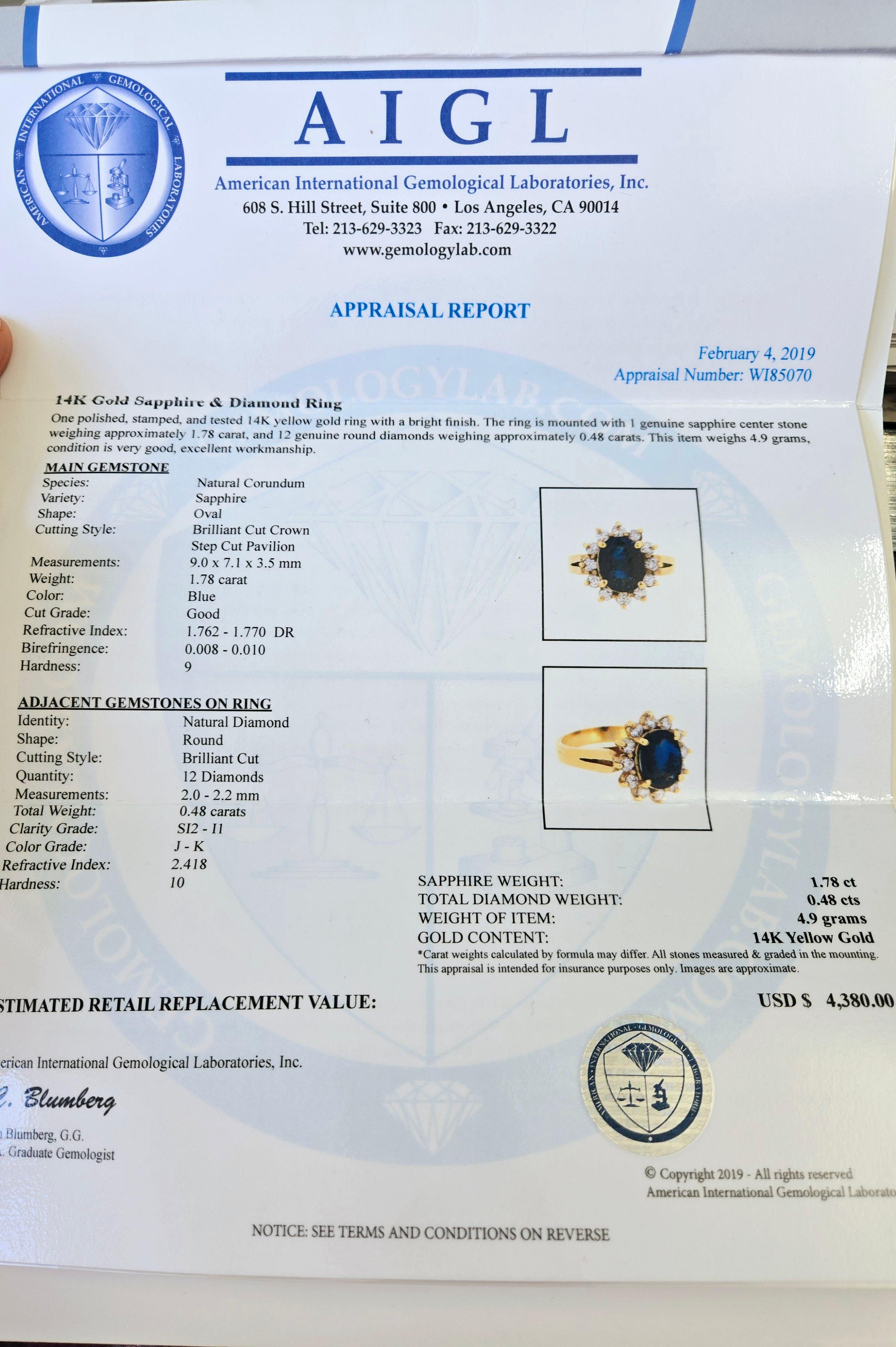 Natural 1.78 Carats Blue Sapphire and Diamond 14K Ring with Report For Sale 3