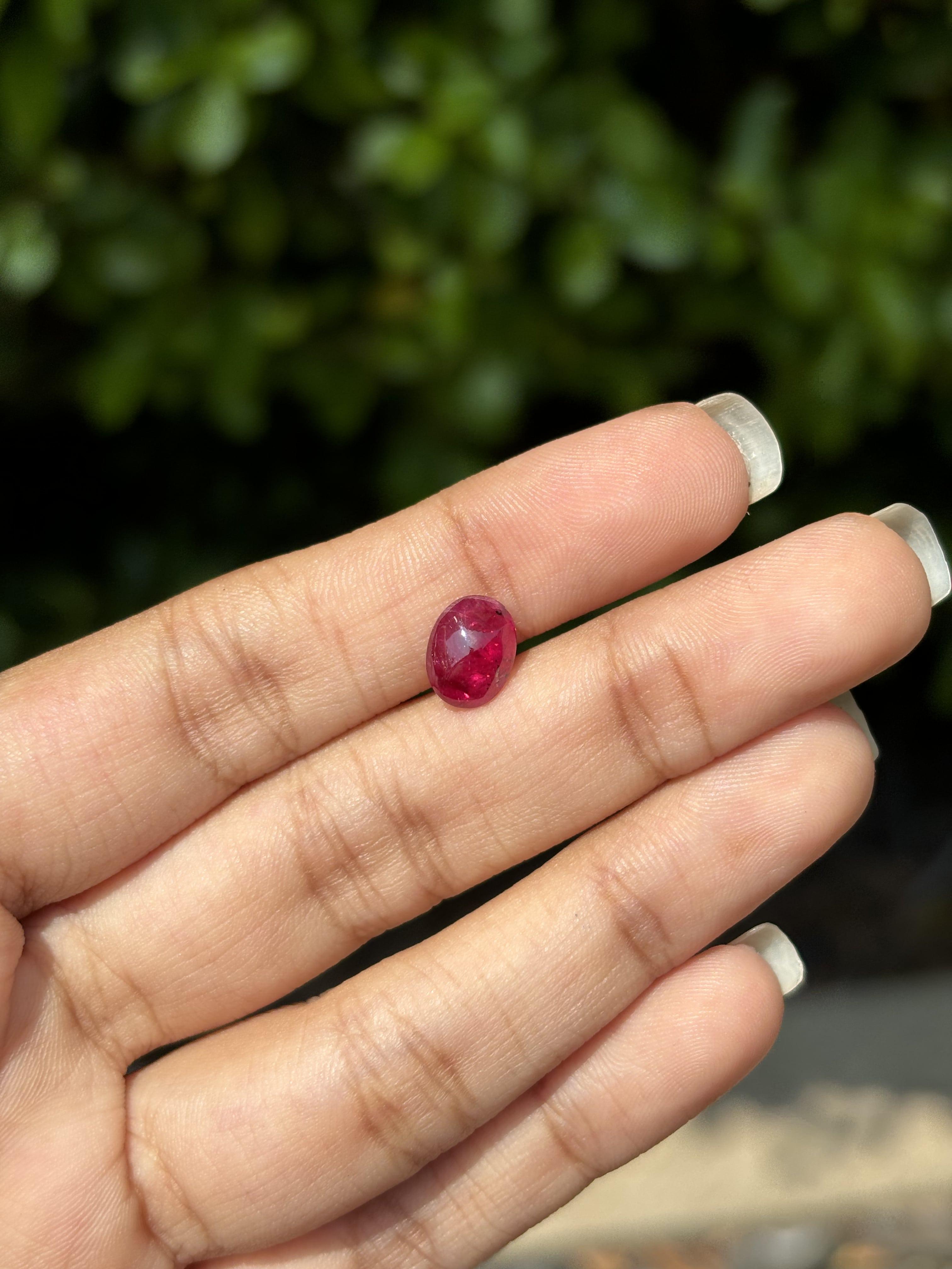 A gorgeous 1.79 Carat Ruby gemstone. It is completely natural and of good quality. The ruby has a symmetrical and flattering, sugarloaf shape and its color is a deep, pigeon blood red hue that is absolutely stunning.

Rubies are known to signify