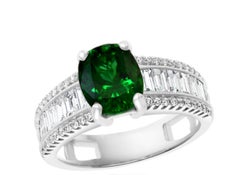 Natural 1.8 Carat Oval Tsavorite & 1.5 Carat Diamond Ring 14k White Gold