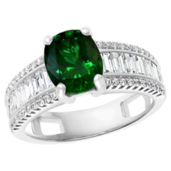 Natural 1.8 Carat Oval Tsavorite & 1.5 Carat Diamond Ring 14k White Gold
