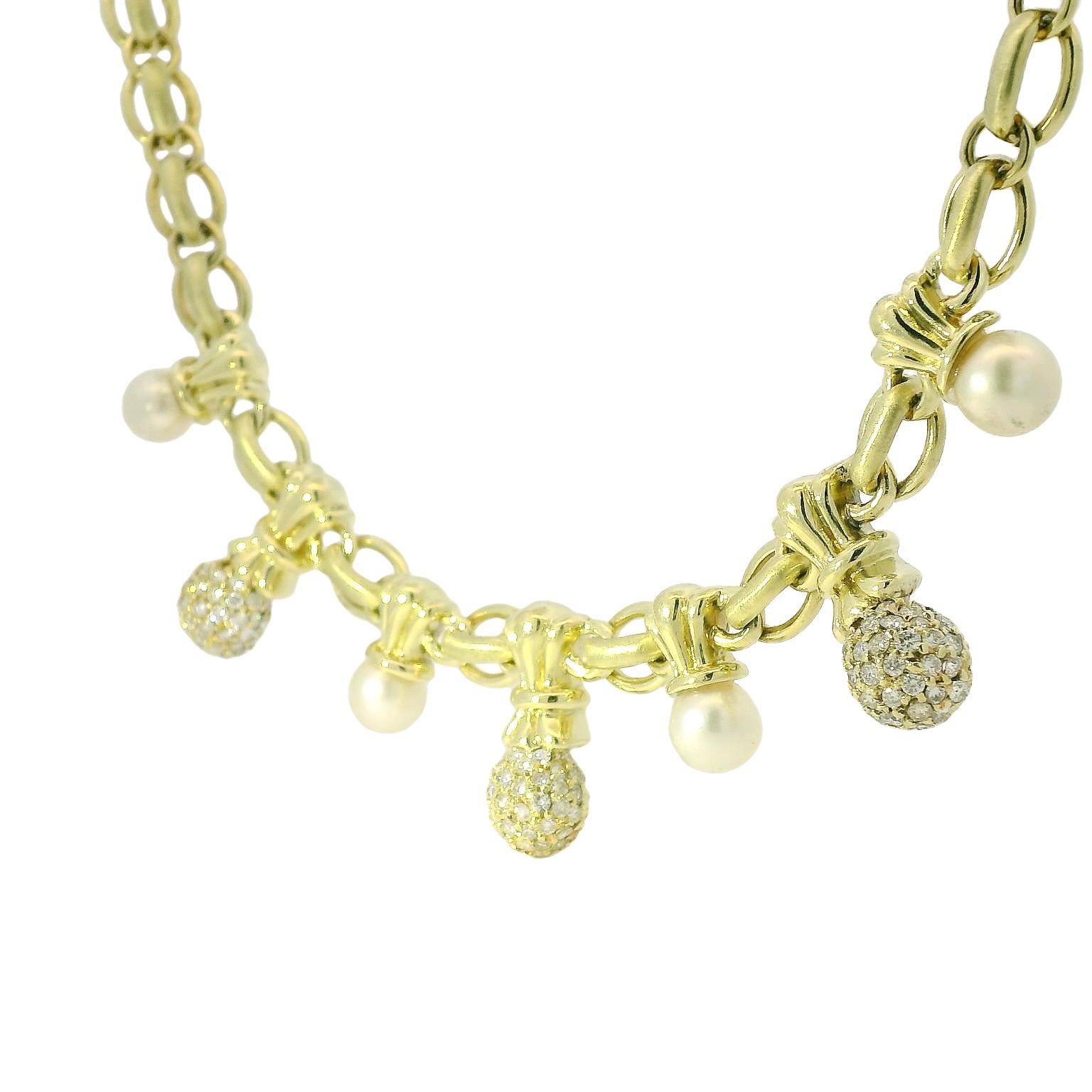 Taglio rotondo Nature 1,80 Carati Diamante Pave e Perla Goccia Collana A Link 14 Carati In Stock in vendita