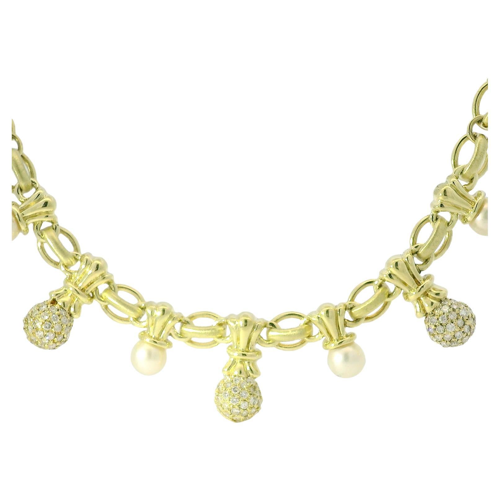 Natural 1.80 Carat Diamond Pave & Pearl Drop 14-Karat Link Necklace In Stock