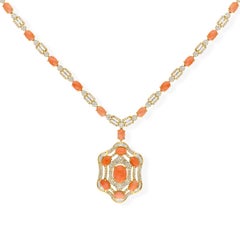 Natural 18.04Ct Coral 5.45Ct Diamond Accents Drop Necklace 18 Karat Yellow Gold