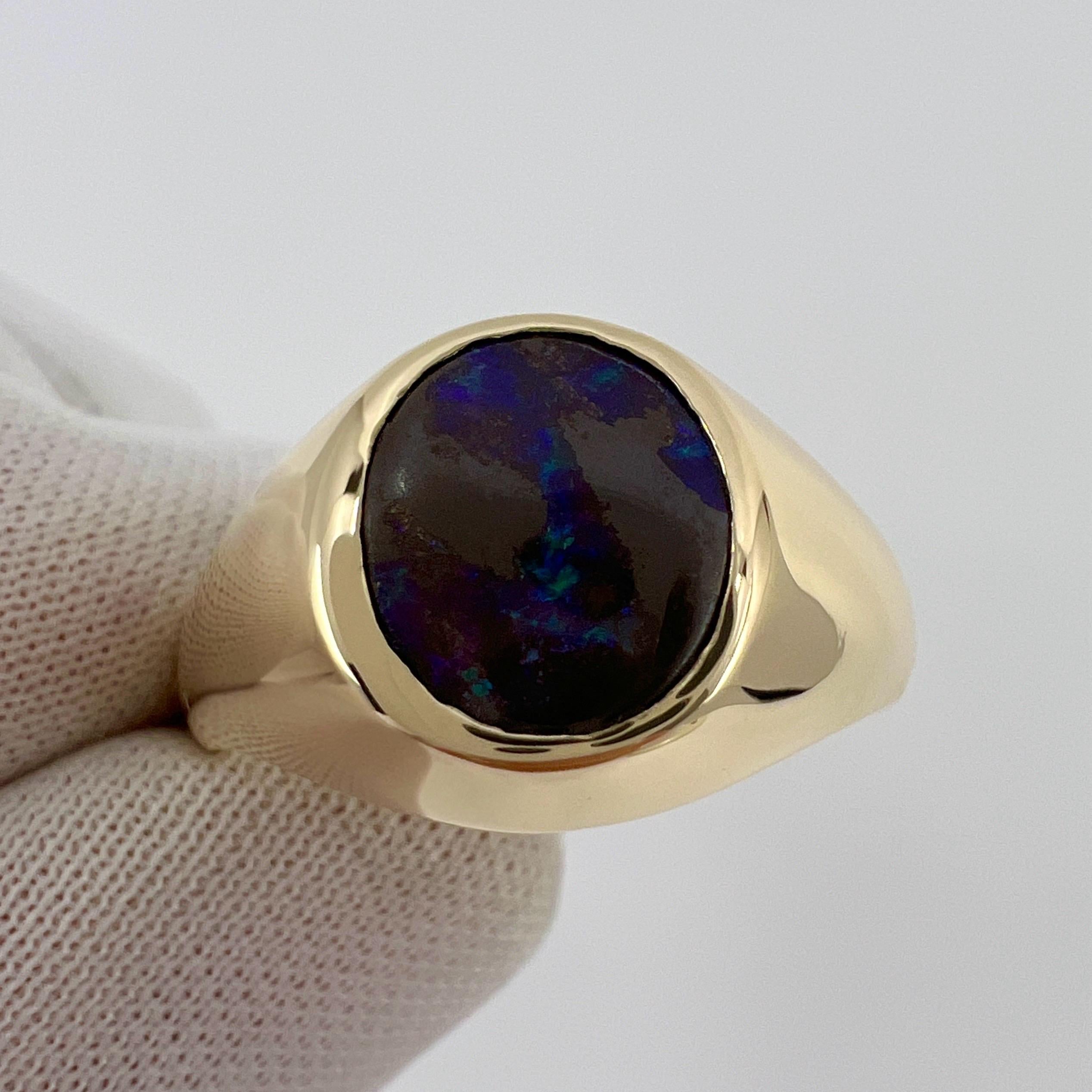 Ovaler Natürlicher natürlicher 1,80 Karat australischer schwarzer Boulder-Opal 9k Gelbgold Siegelring 6