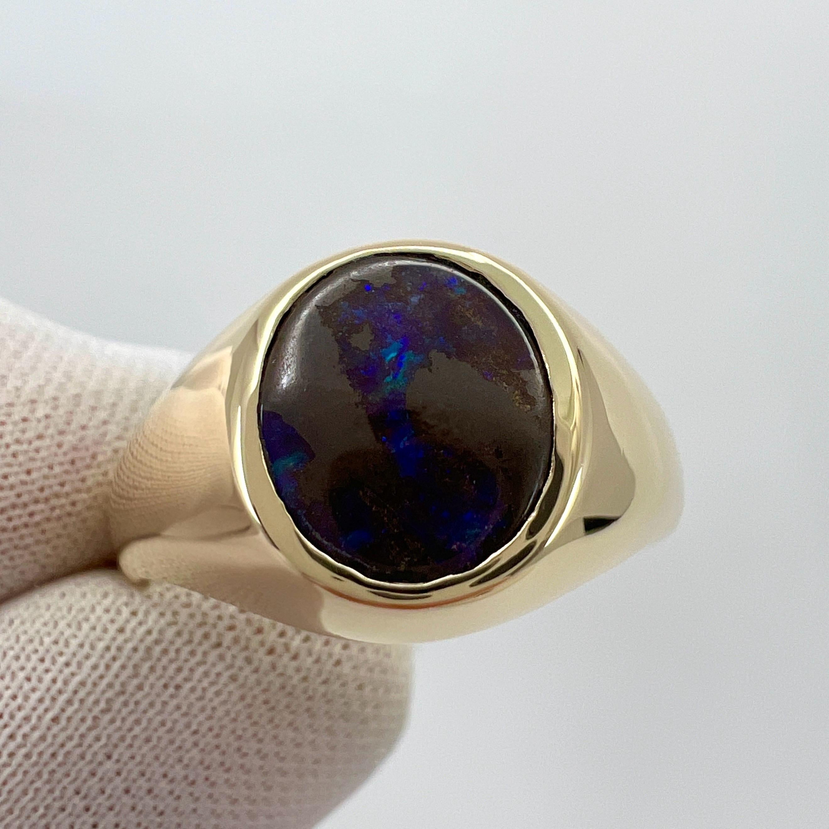Ovaler Natürlicher natürlicher 1,80 Karat australischer schwarzer Boulder-Opal 9k Gelbgold Siegelring (Ovalschliff)