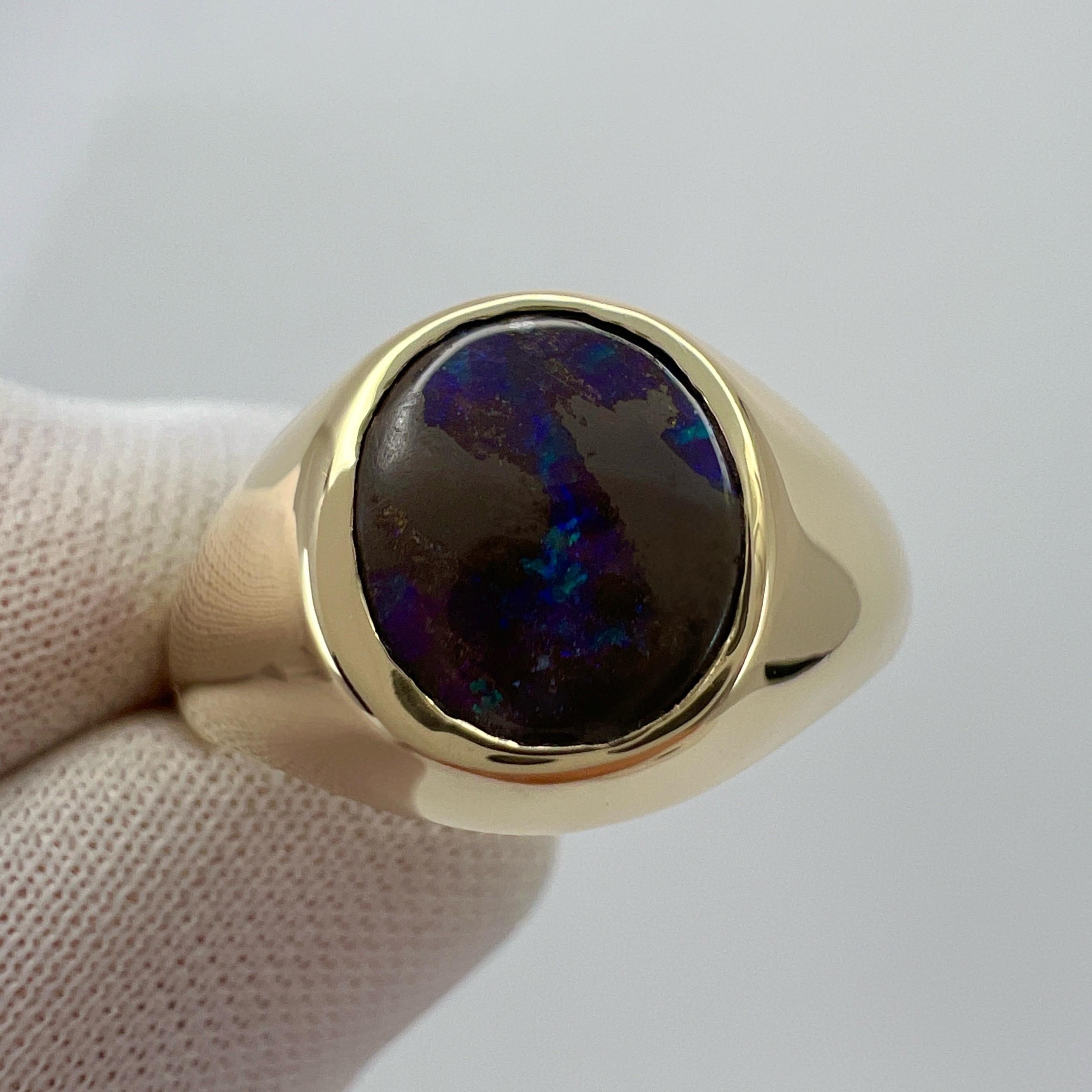 Ovaler Natürlicher natürlicher 1,80 Karat australischer schwarzer Boulder-Opal 9k Gelbgold Siegelring für Damen oder Herren