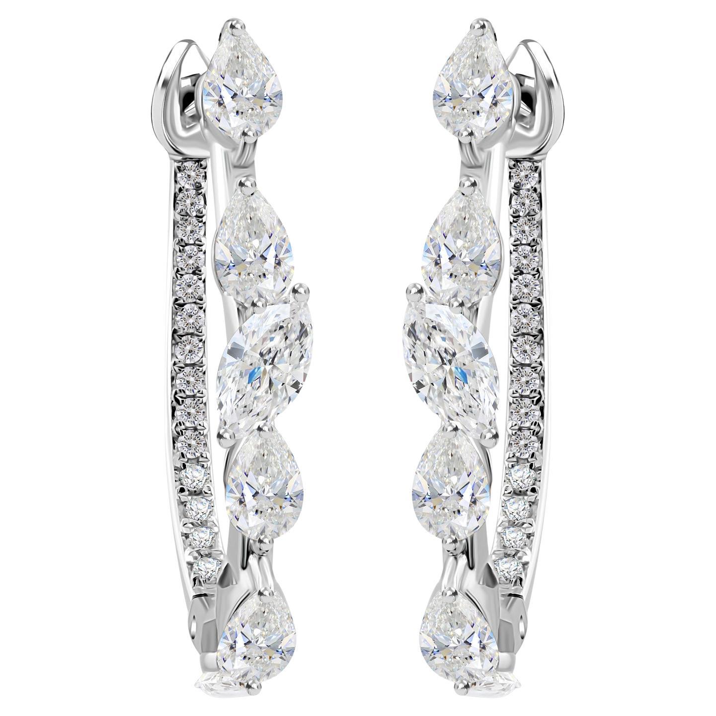 Orecchini a cerchio con diamanti tondi marquise naturali da 1,83 carati SI/H Oro bianco 18 carati in vendita