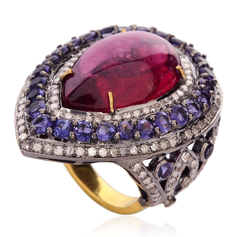 Cabochon Natural 18.40 Carat Ruby Iolite & Diamond Statement Ring 18k Yellow Gold For Sale
