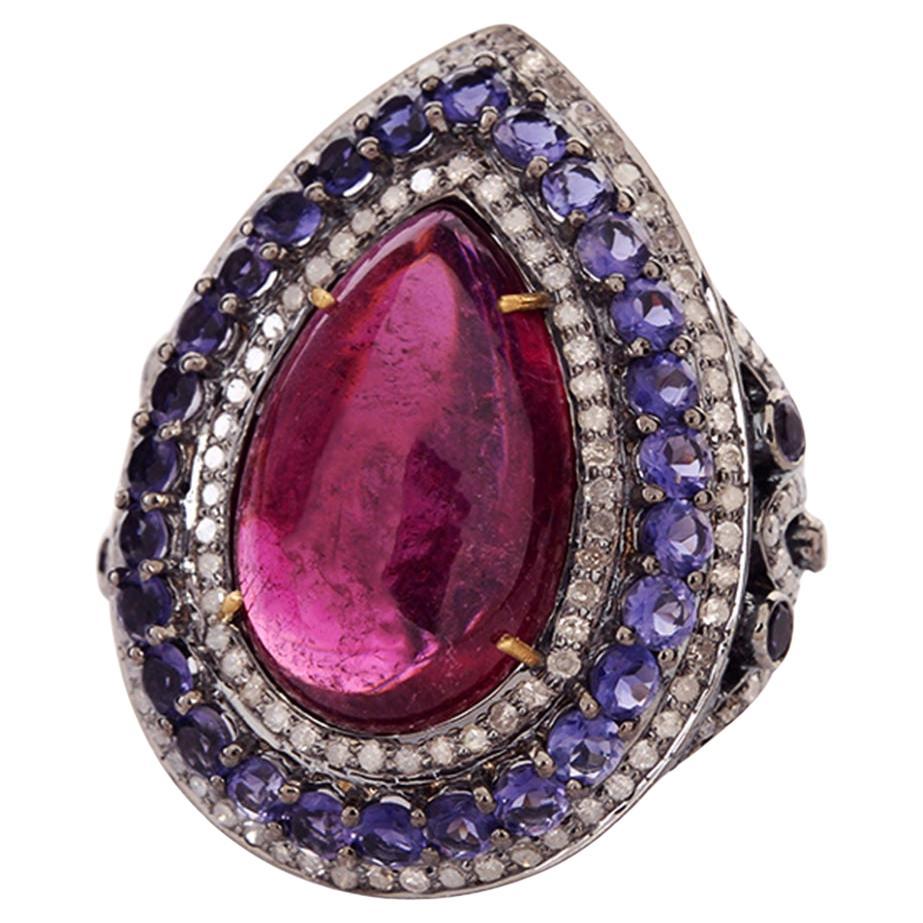 Natural 18.40 Carat Ruby Iolite & Diamond Statement Ring 18k Yellow Gold For Sale