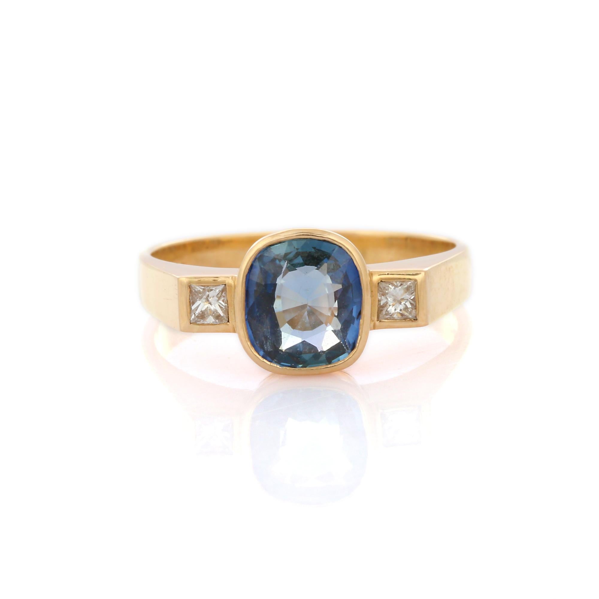For Sale:  Blue Sapphire Diamond Three Stone Engagement Ring in 18K Yellow Gold 2