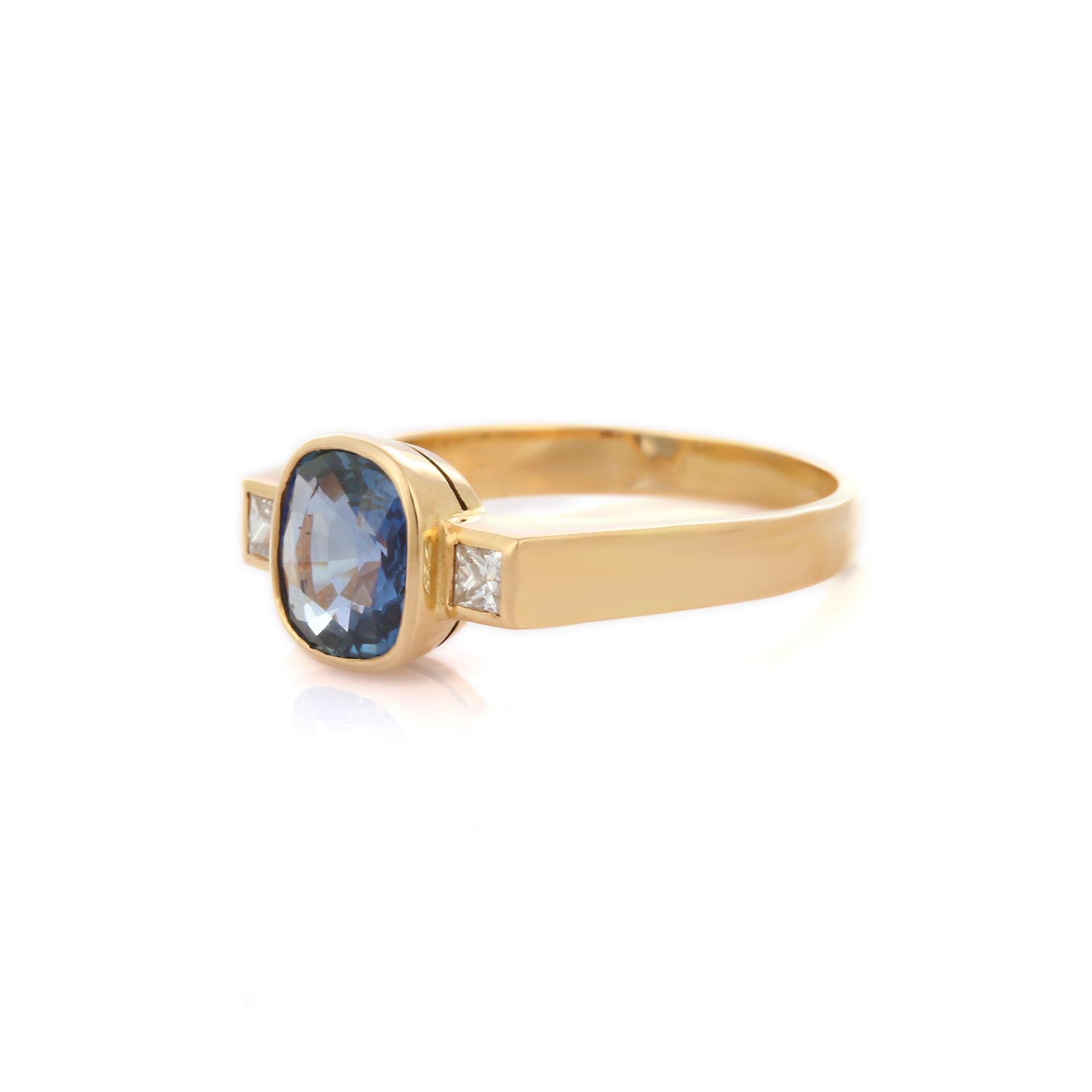 For Sale:  Blue Sapphire Diamond Three Stone Engagement Ring in 18K Yellow Gold 3
