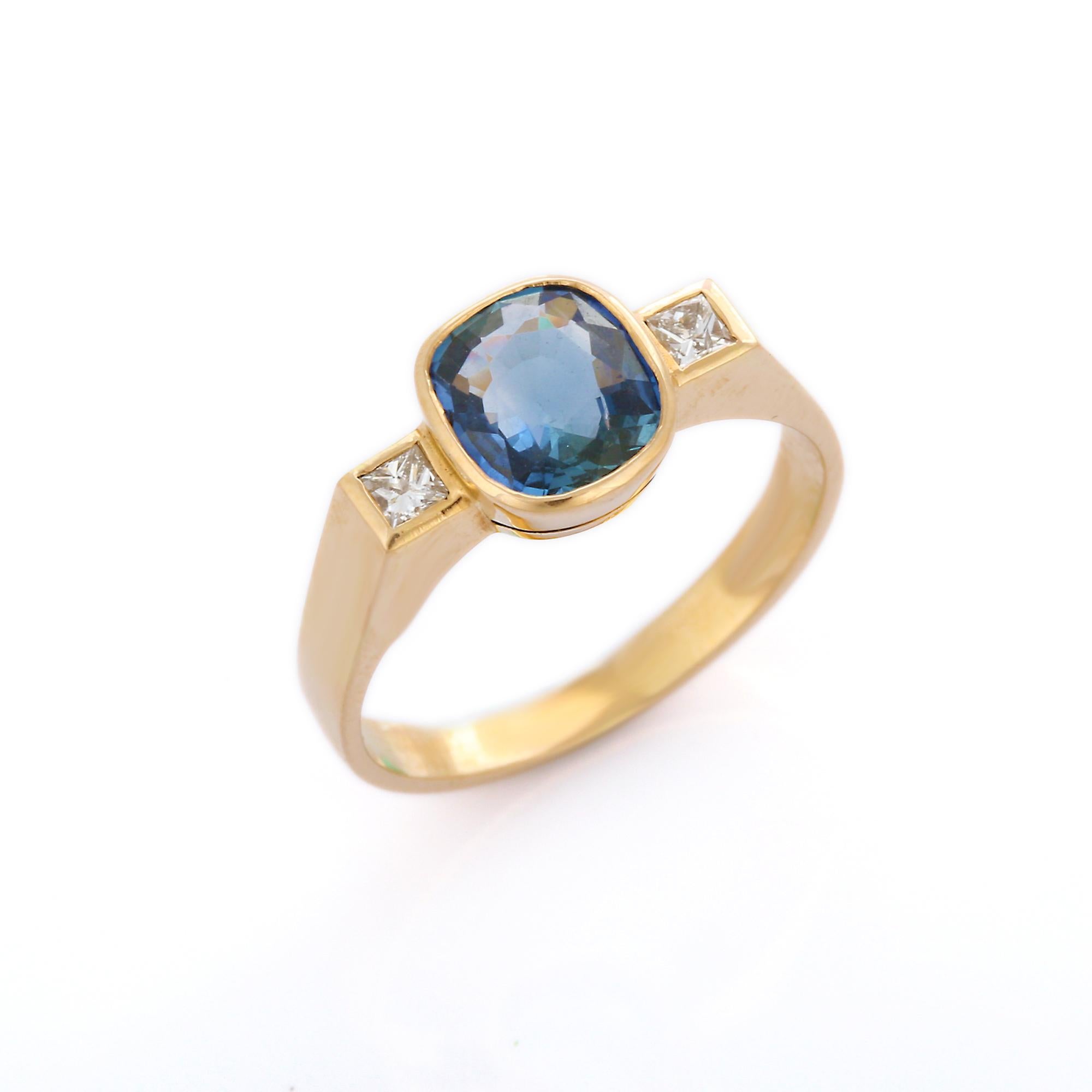 For Sale:  Blue Sapphire Diamond Three Stone Engagement Ring in 18K Yellow Gold 5