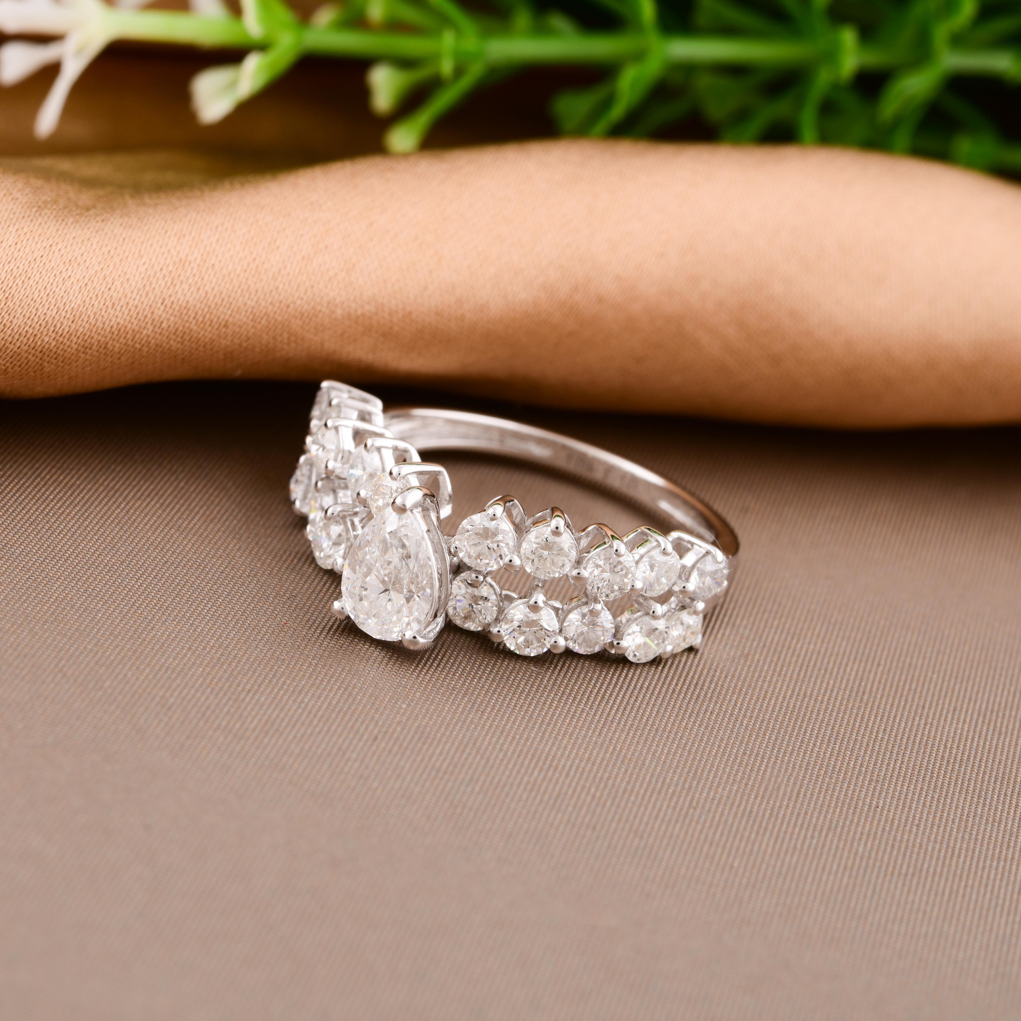 Pear Cut Natural 1.87 Carat Diamond Wedding Ring 18 Karat White Gold Handmade Jewelry For Sale