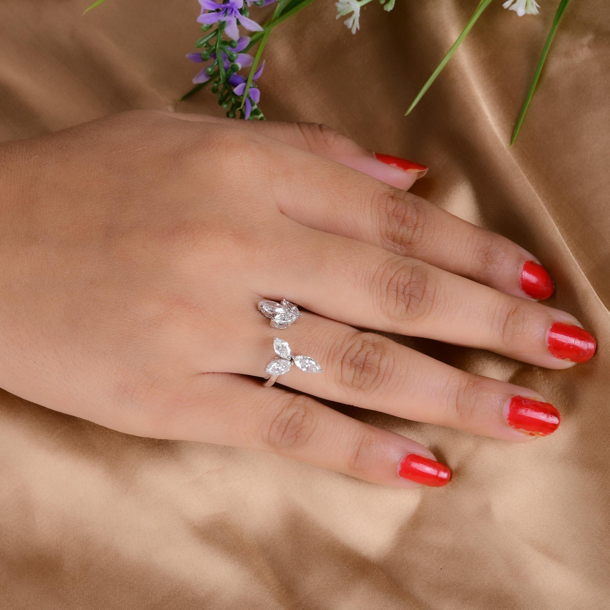 Women's Natural 1.87 Carat Pear Diamond Cuff Ring 14 Karat White Gold Handmade Jewelry For Sale