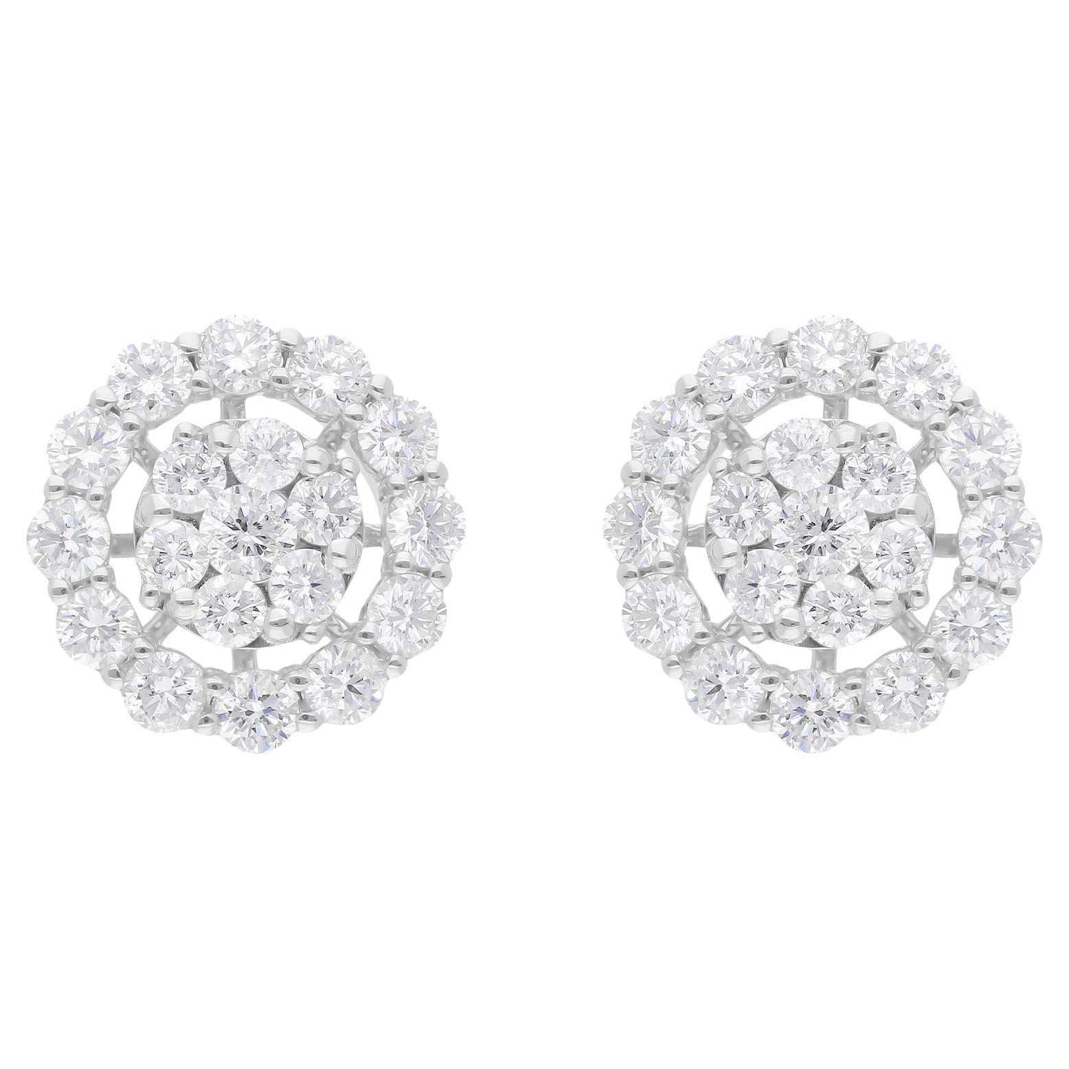Natural 1.88 Carat SI/H Round Diamond Cluster Stud Earrings 18 Karat White Gold