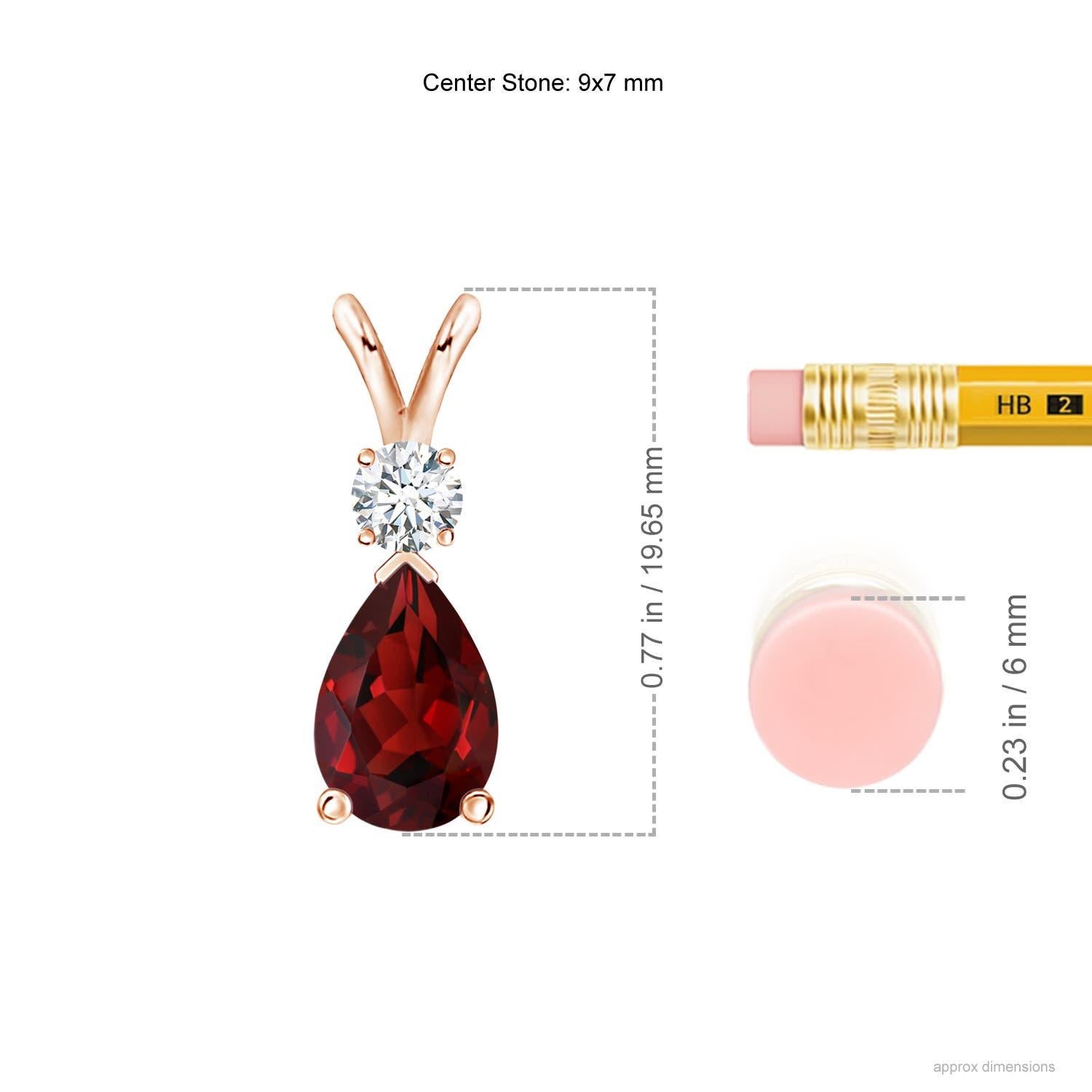 A pear-shaped intense red garnet is secured in a prong setting and embellished with a diamond accent on the top. Simple yet stunning, this teardrop garnet pendant with V bale is sculpted in 14k rose gold.