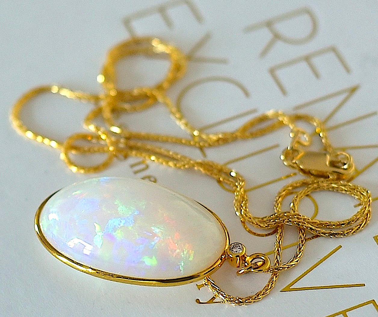 Natural 18k Solid Gold Opal Necklace with Diamond Accent  2