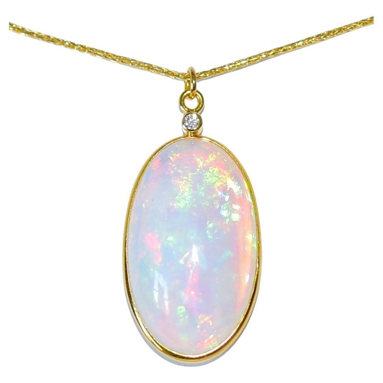 Natural 18k Solid Gold Opal Necklace with Diamond Accent For Sale at