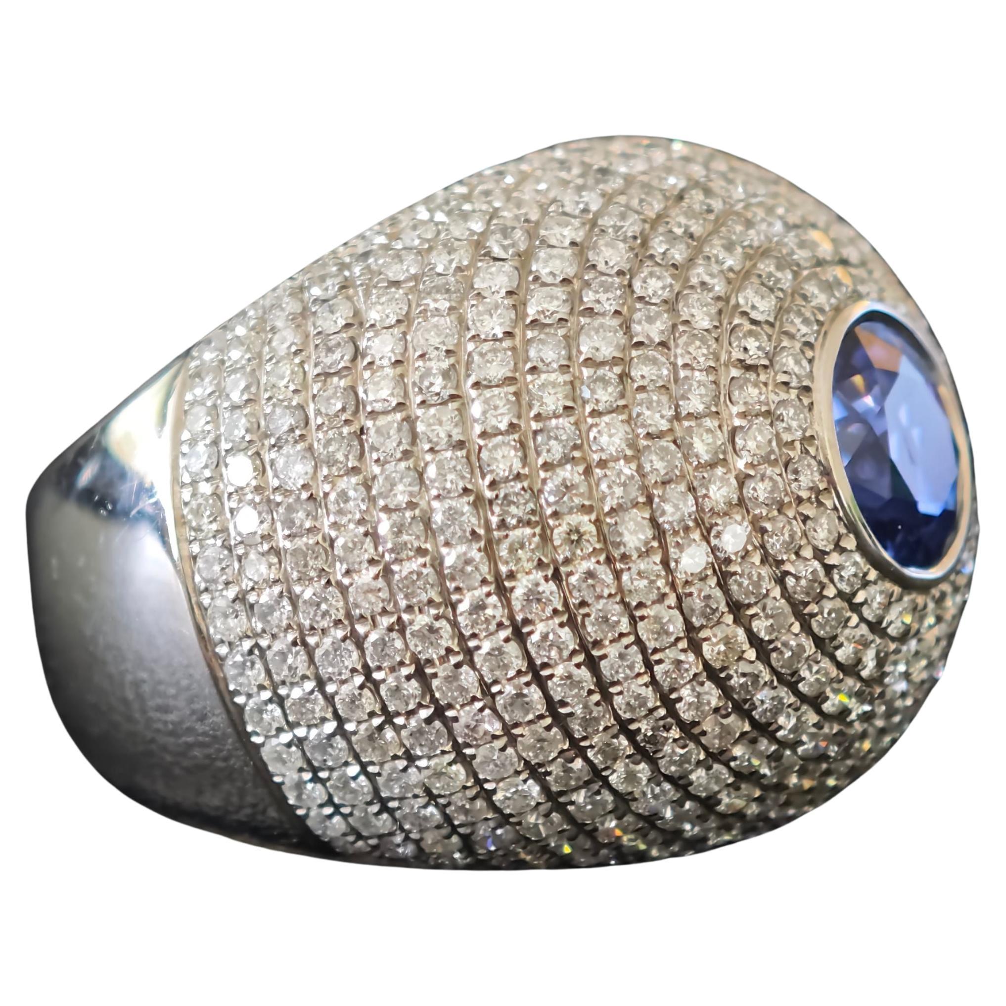 Natural 18K White Gold 2.5 Ct. Blue Sapphire and 5.42 ct. Diamond Cocktail Ring For Sale