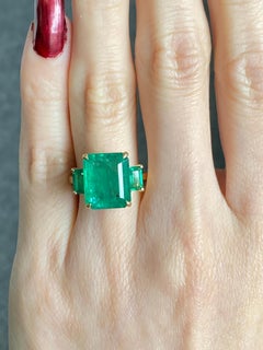 Natural 18K Yellow Gold Emerald Ring, Three Stone Cocktail Ring or Engagement