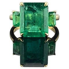Natural 18K Yellow Gold Emerald Ring, Three Stone Cocktail Ring or Engagement