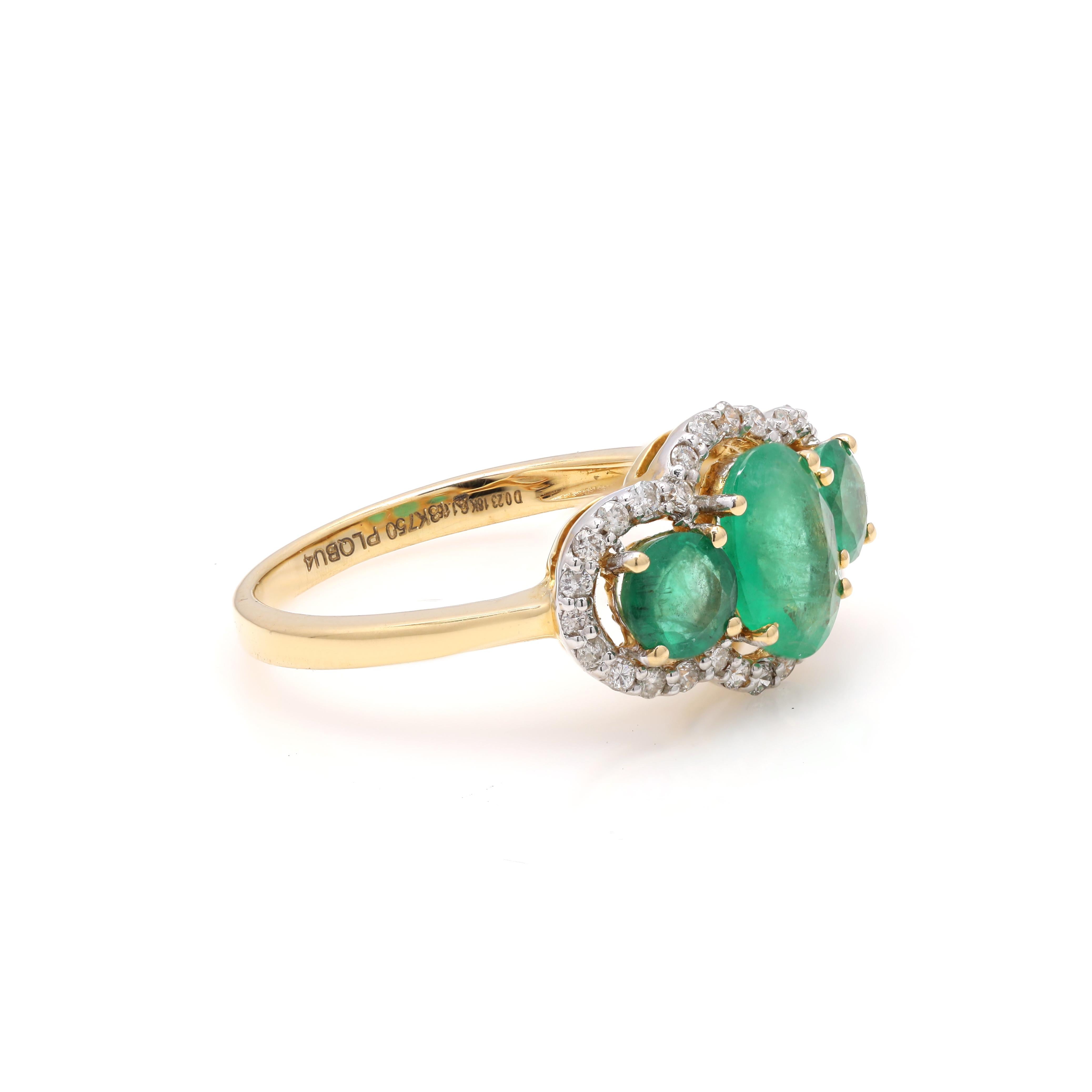 For Sale:  Natural 18k Yellow Gold Emerald Ring, Three Stone Emerald and Diamond Ring 2