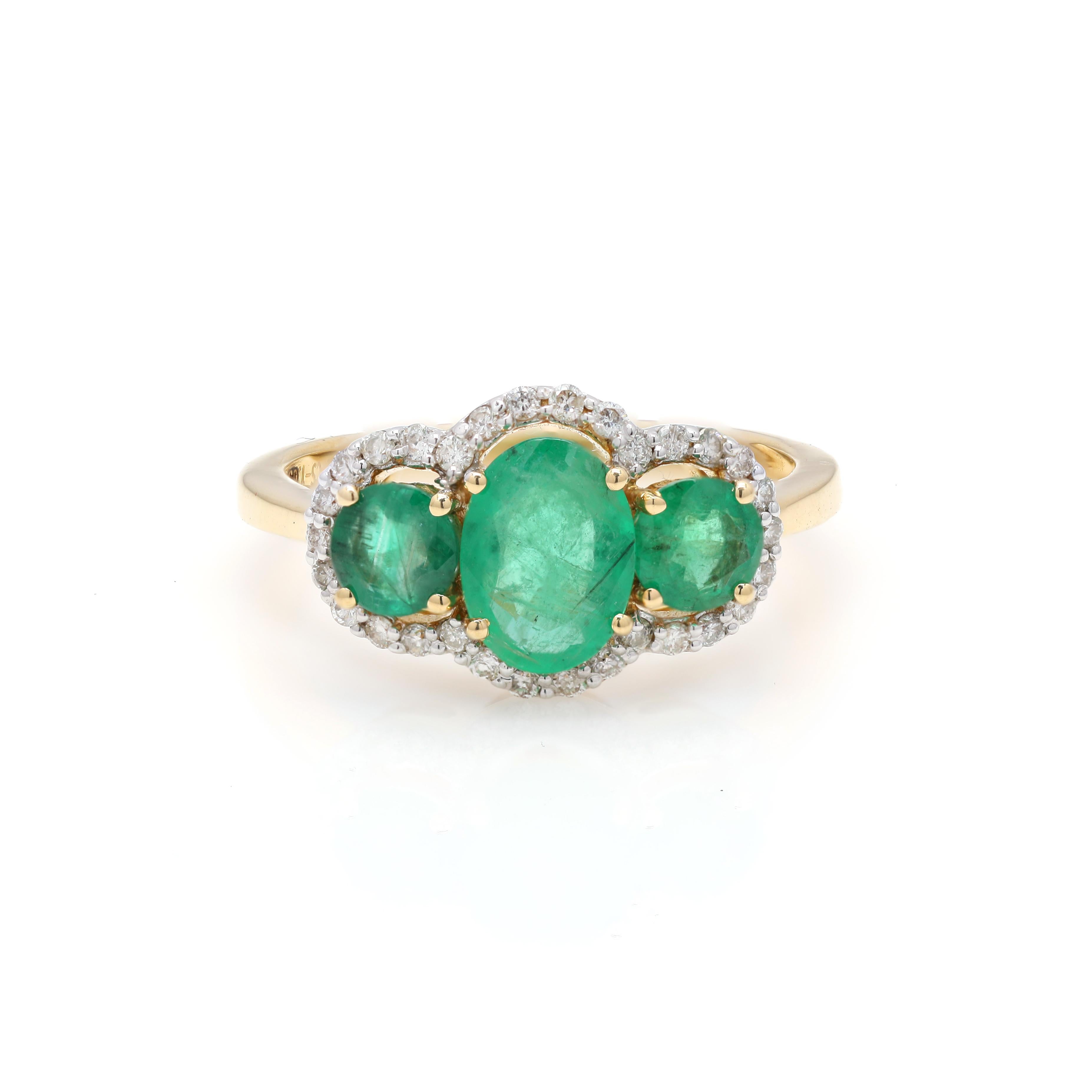 For Sale:  Natural 18k Yellow Gold Emerald Ring, Three Stone Emerald and Diamond Ring 4