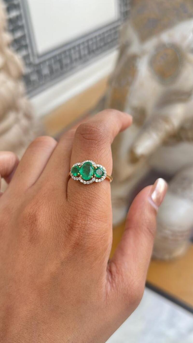 For Sale:  Natural 18k Yellow Gold Emerald Ring, Three Stone Emerald and Diamond Ring 3