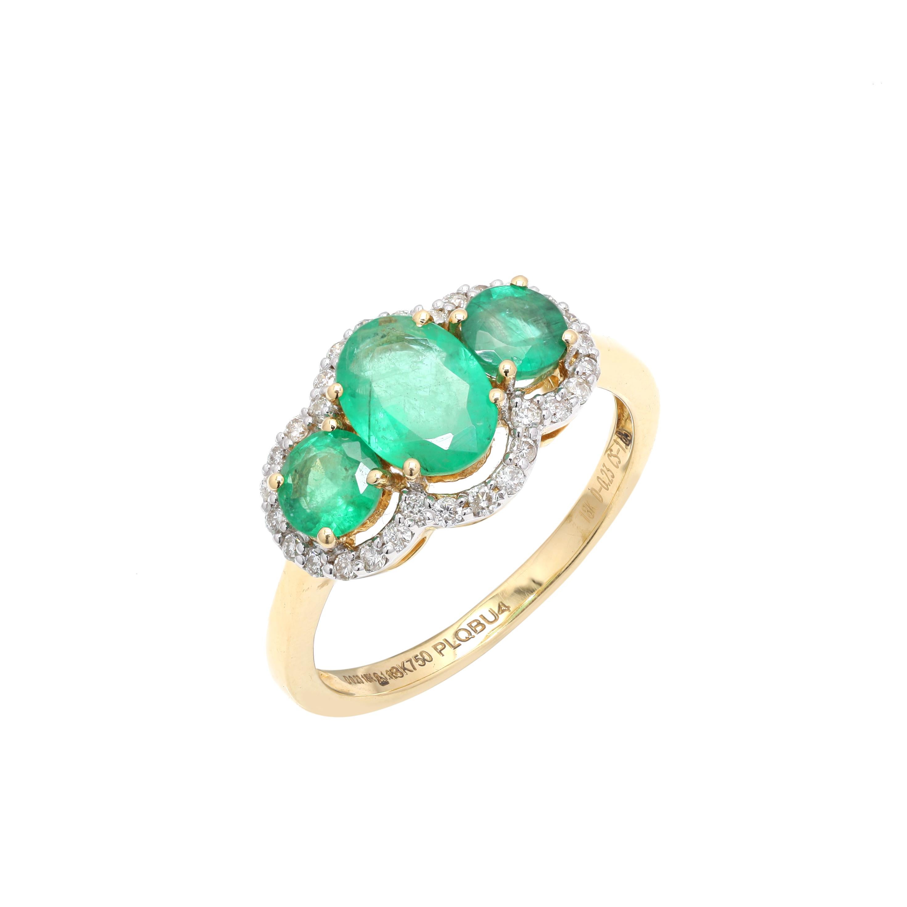 For Sale:  Natural 18k Yellow Gold Emerald Ring, Three Stone Emerald and Diamond Ring 6