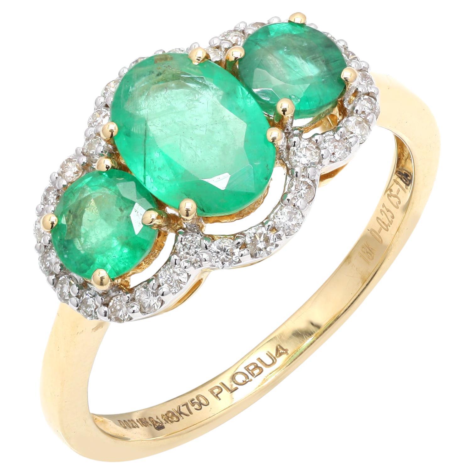 For Sale:  Natural 18k Yellow Gold Emerald Ring, Three Stone Emerald and Diamond Ring