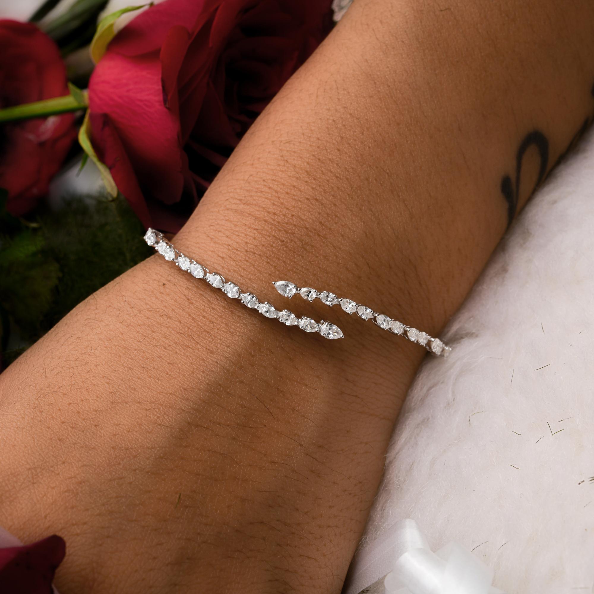 Modern Natural 1.9 Carat SI/H Pear Marquise Diamond Wrap Bangle Bracelet 18k White Gold For Sale