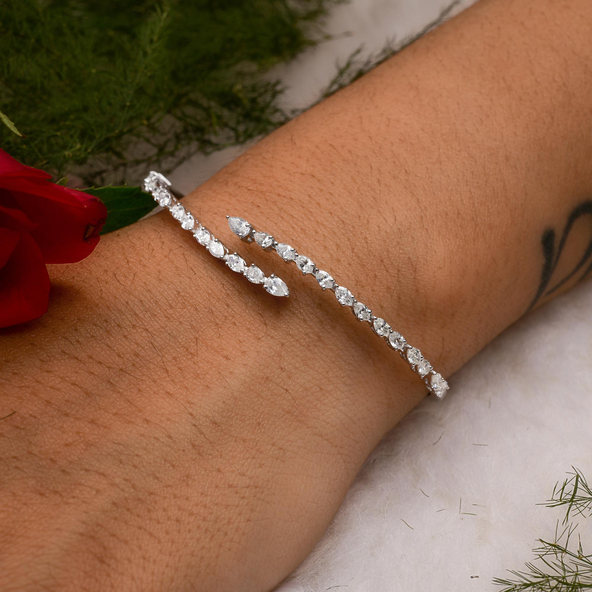 Pear Cut Natural 1.9 Carat SI/H Pear Marquise Diamond Wrap Bangle Bracelet 18k White Gold For Sale