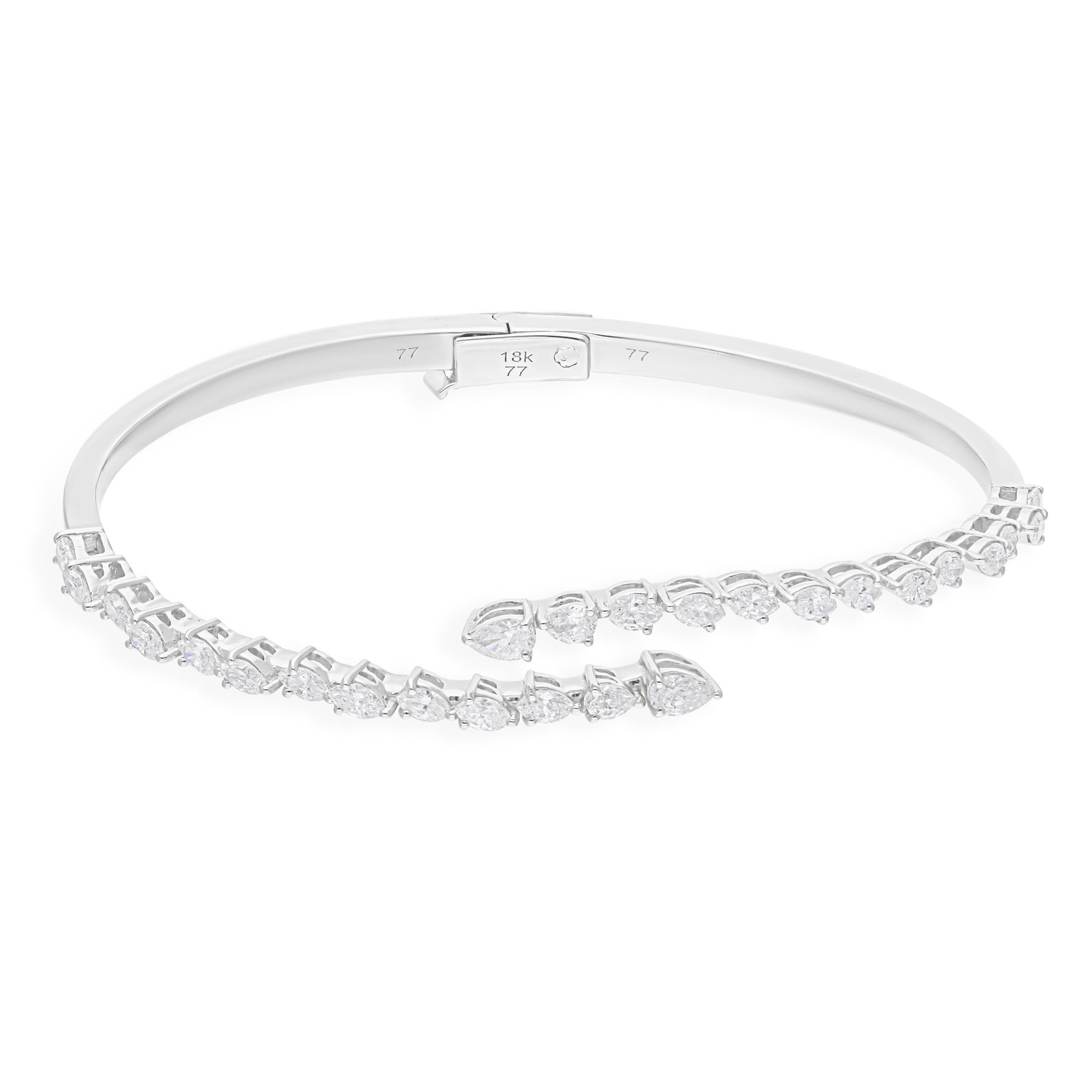 Natural 1.9 Carat SI/H Pear Marquise Diamond Wrap Bangle Bracelet 18k White Gold For Sale