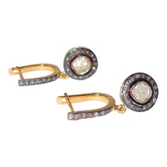 Natural 1.90ct uncut rose cut diamonds sterling silver drop earrings