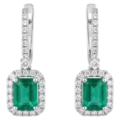 Designer 14K White Gold Emerald and Diamond Halo Earrings, 1.90ct
