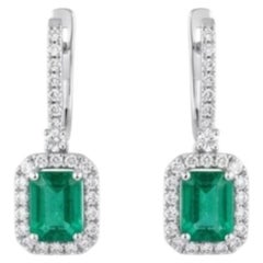 Designer 14K White Gold Emerald and Diamond Halo Earrings, 1.90ct