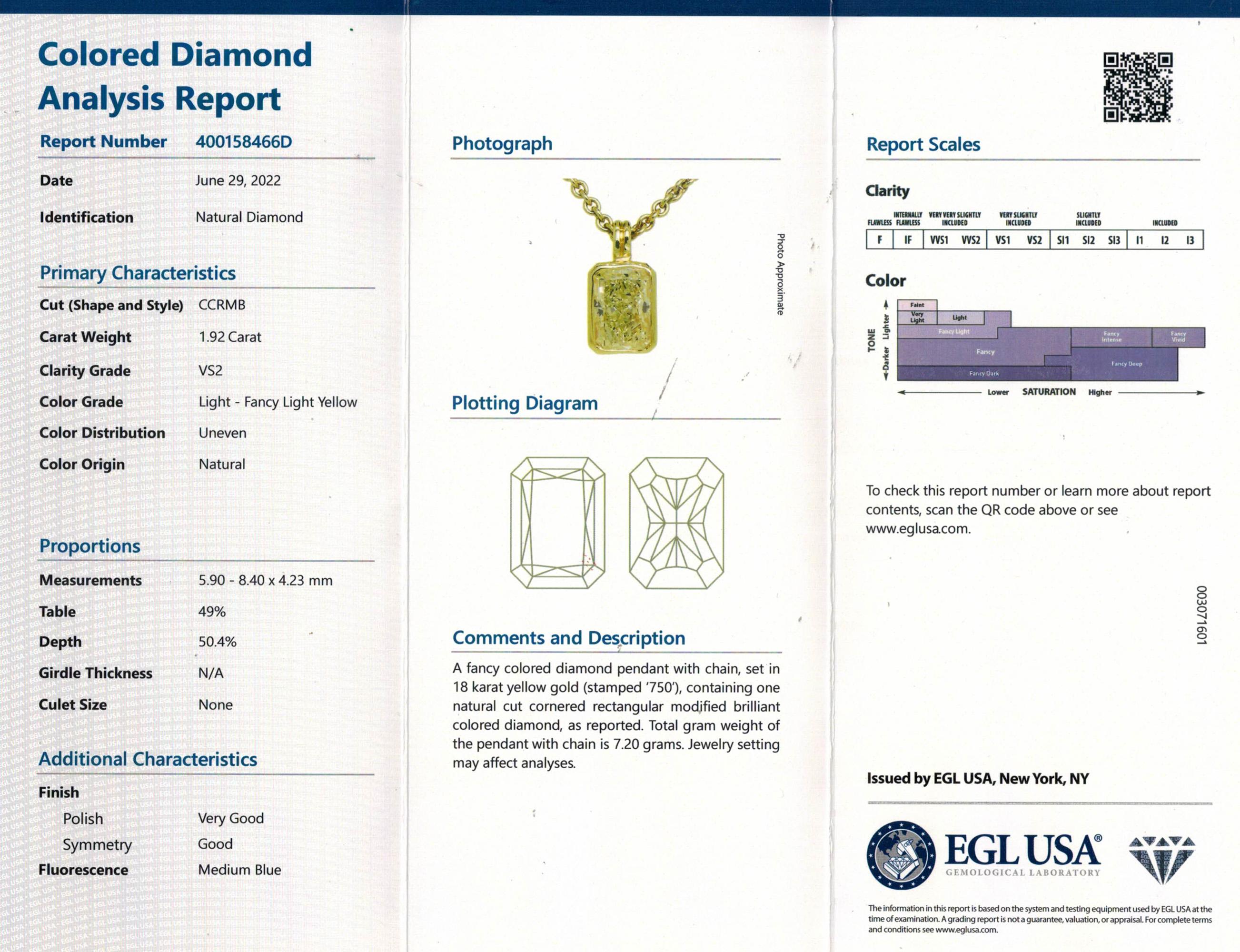Natürliche 1,92ct Fancy Yellow Radiant Cut Diamond Solitaire 18K G Anhänger Halskette (Radiantschliff) im Angebot