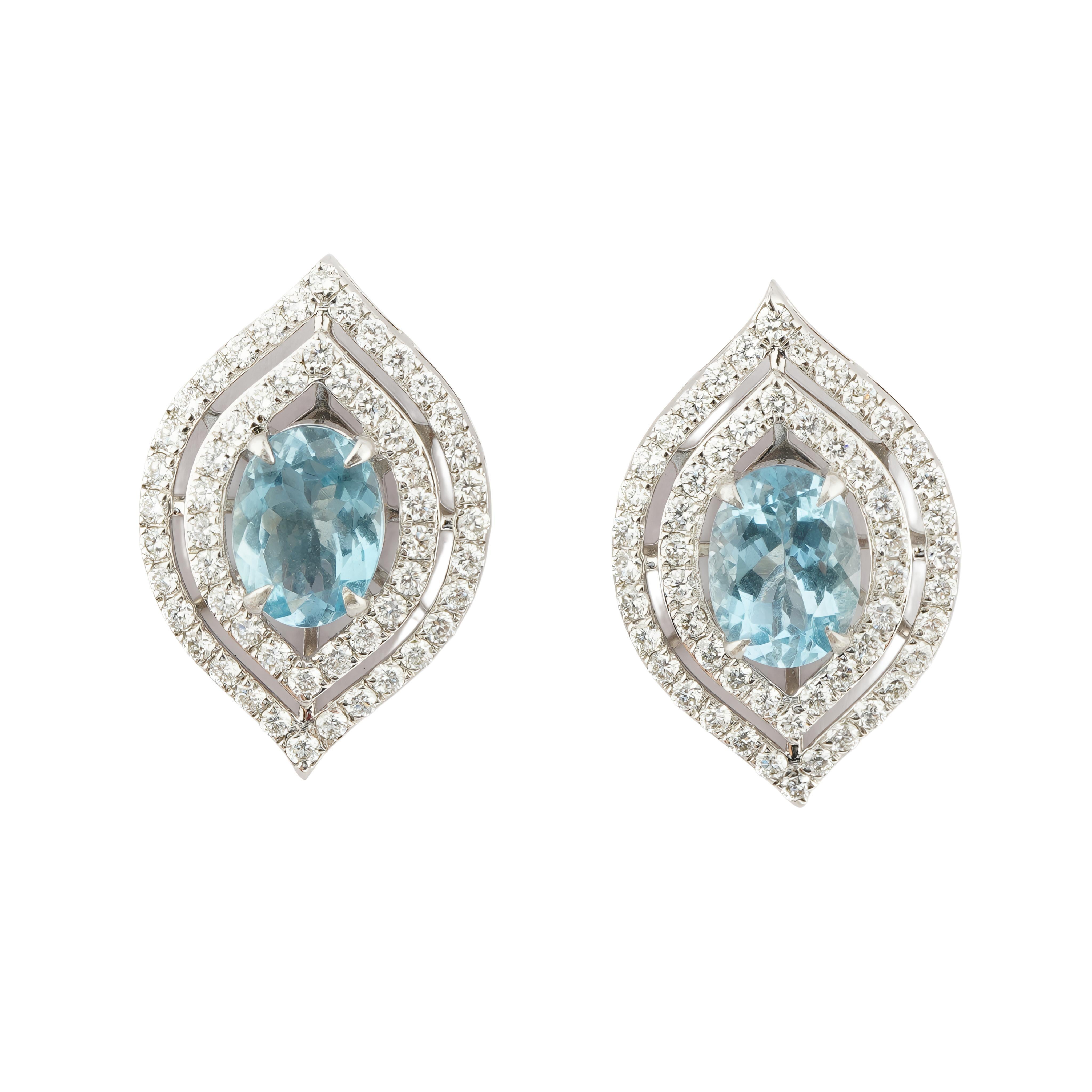 Natürlicher 1,930 Karat Aquamarin & 0,980 Karat Diamant-Ohrring in 18k Gold (Asscher-Schliff) im Angebot