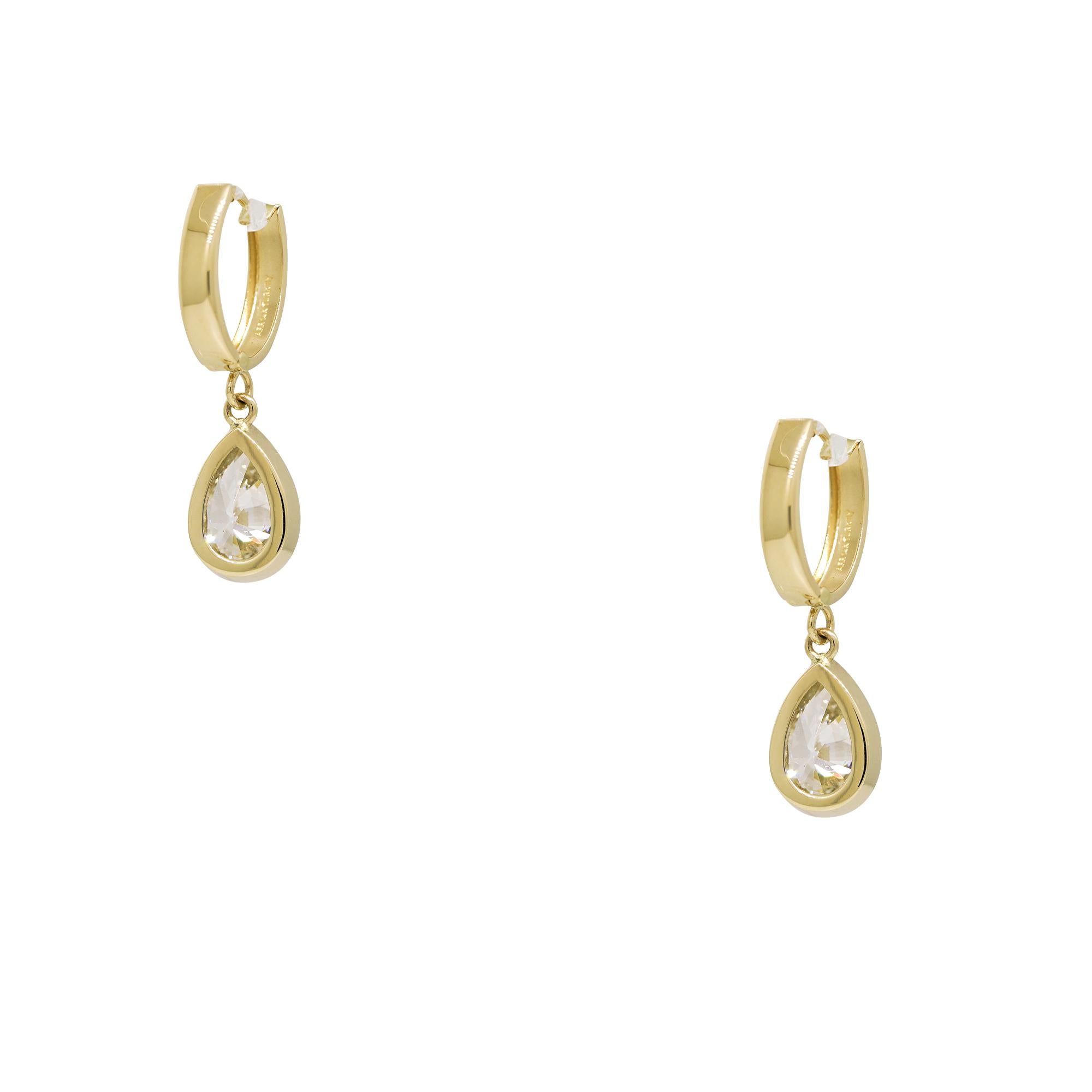 Natural 1.94 Carat Pear-Shape Diamond Huggie 14-Karat Drop Earrings

This classic pair of diamond huggie drop earrings would make a perfect holiday gift. The diamonds are natural pear shapes, bezel-set in 14-karat yellow gold settings. 

Product: