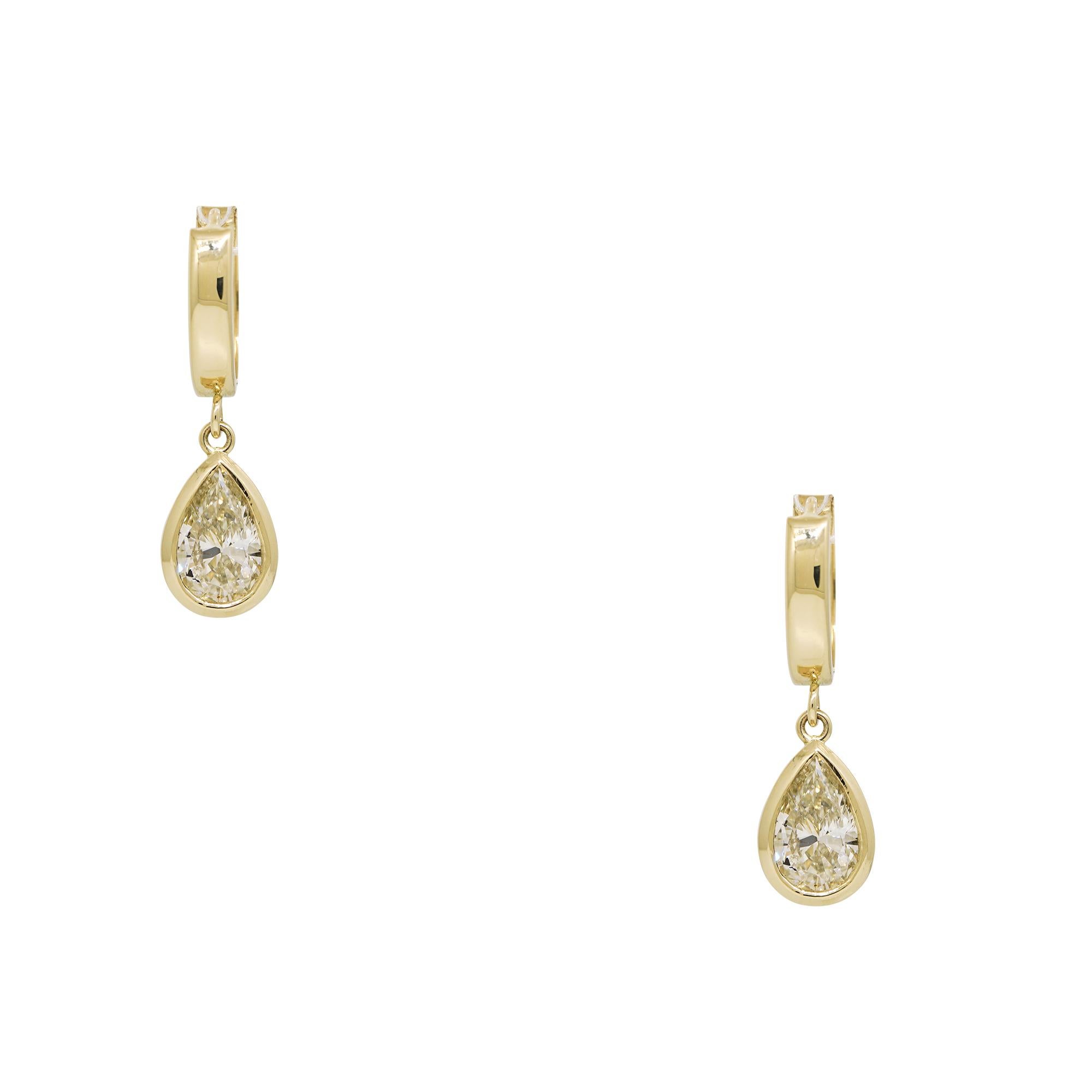 Modern Natural 1.94 Carat Pear-Shape Diamond Huggie 14-Karat Drop Earrings In Stock For Sale